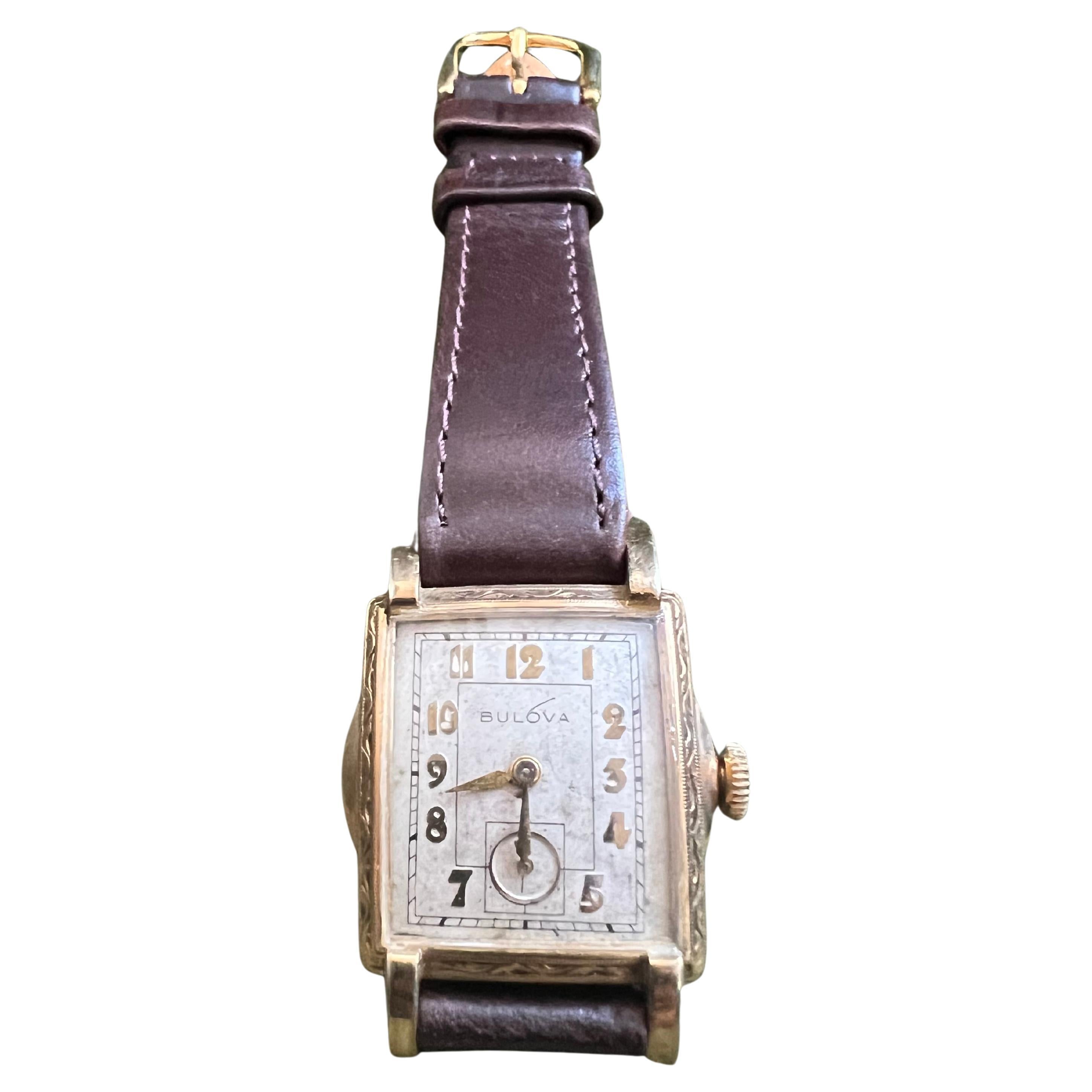 Bulova 2 Zifferblatt Uhr in 10k Gold mit neuen braunen Lederband CIRCA 1940s