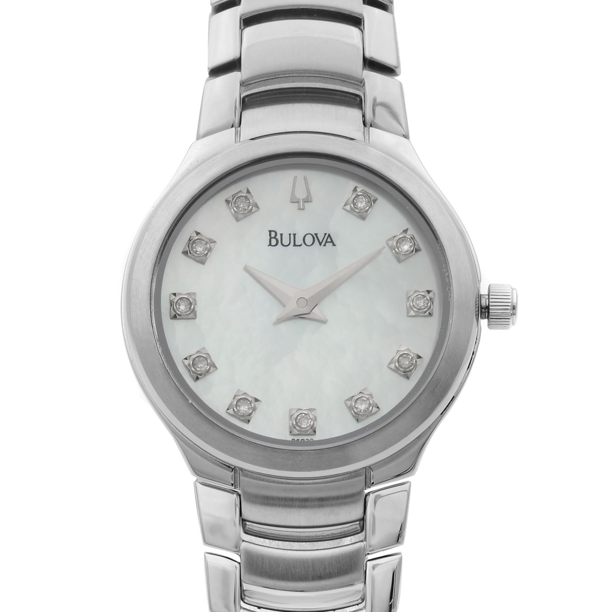 Display Model Bulova 23mm Stainless Steel White MOP Diamond Dial Ladies Quartz Watch 96P20. This Beautiful Timepiece is Powered by a Quartz Movement and Features: Stainless Steel Case and Bracelet, Fixed Stainless Steel Bezel, White Mother of Pearl