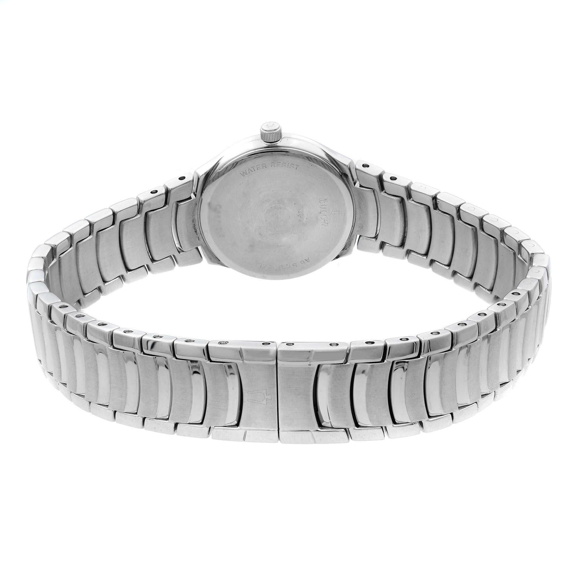 Bulova Stainless Steel White MOP Diamond Dial Ladies Quartz Watch 96P20 In New Condition In New York, NY