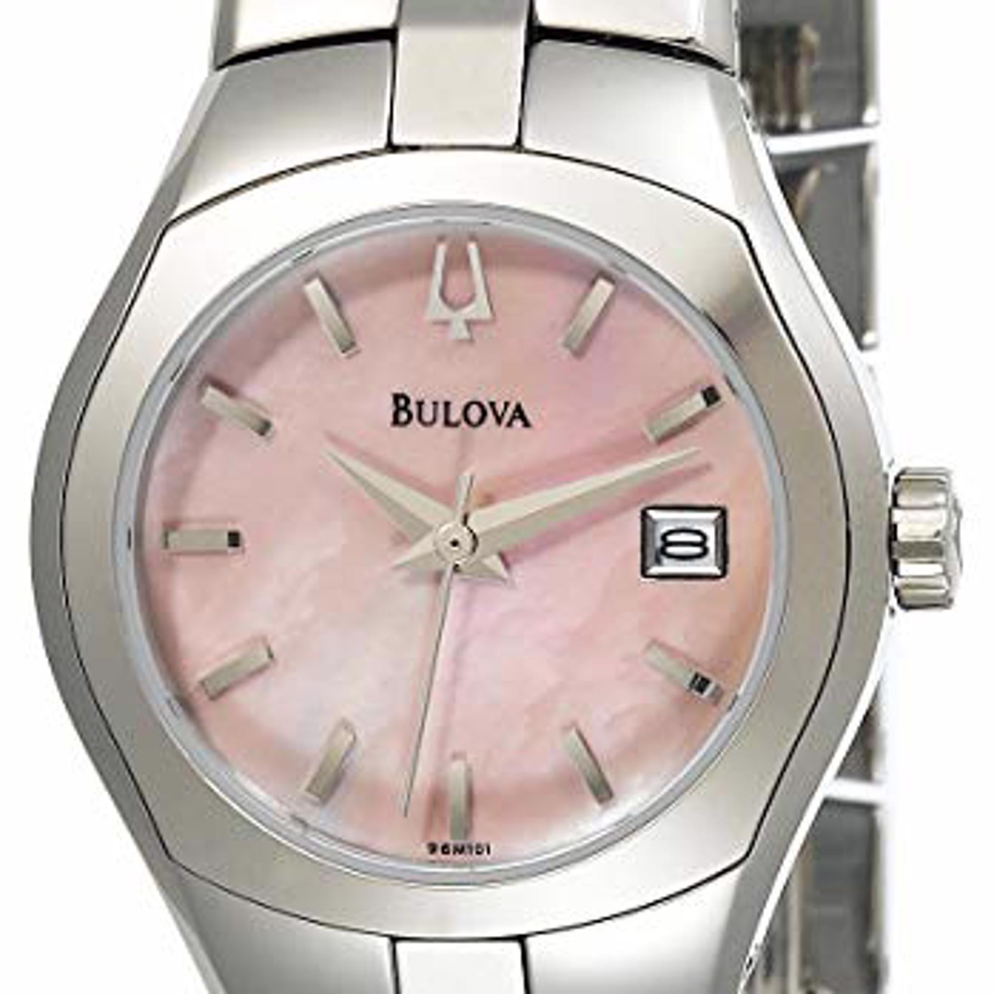 Display Model Bulova 26mm Stainless Steel Pink MOP Dial Ladies Quartz Watch 96M101. The Watch Has Minor Blemishes Due to Store Handling. This Beautiful Timepiece is Powered by a Quartz (Battery) Movement and Features: Stainless Steel Case and