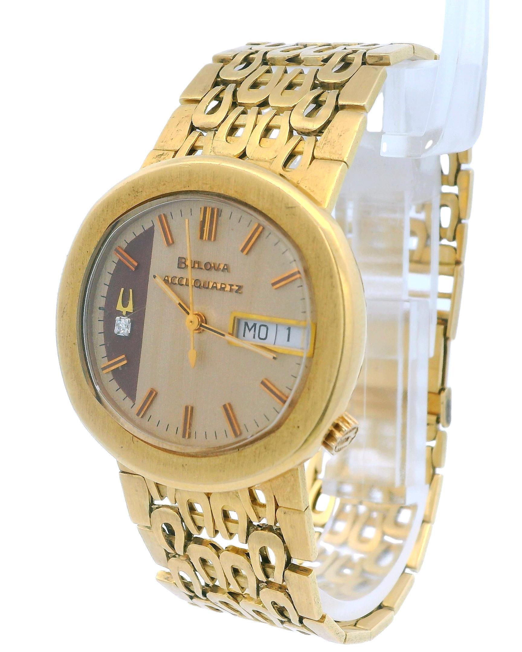 A study in form, hue, and precision.

This striking Bulova watch features a cushion-shaped case crafted from 18k gold, exuding a warm, golden glow. The multicolor dial is adorned with sleek stick indexes, offering a harmonious blend of elegance and