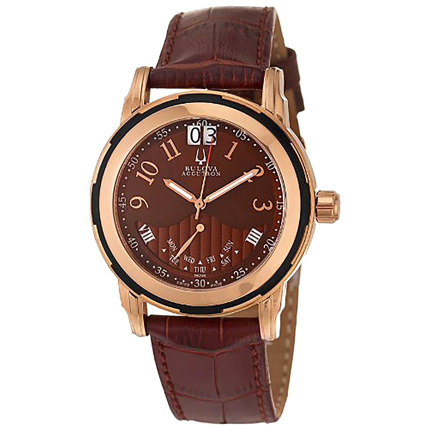 Bulova Accutron Exeter Rose Gold Tone Brown Leather Strap Watch 65C100