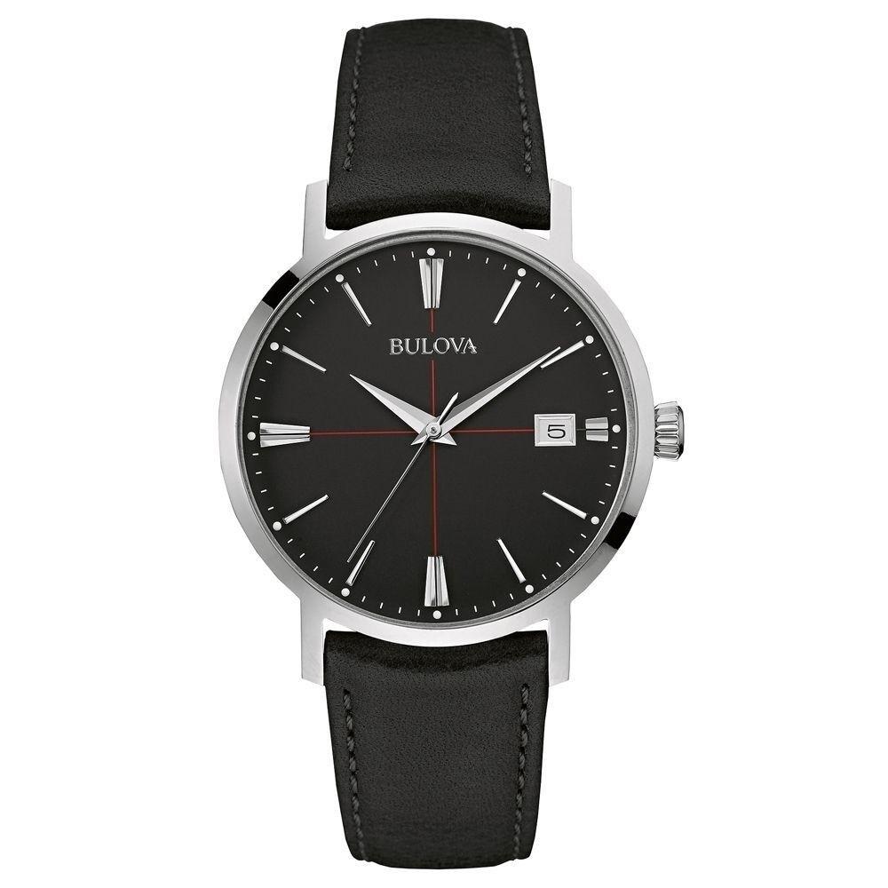 Display Model Bulova Aerojet 39mm Stainless Steel Date Black Dial Quartz Men's Watch 96B243. The Watch Has Minor Blemishes and Glue Marks on the Inner Side of the Band. This Beautiful Timepiece Features: Stainless Steel Case with a Black Leather