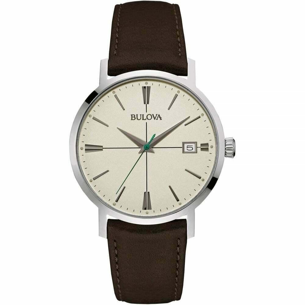 New With Defects Bulova Classics Aerojet Collection Steel Silver Dial Quartz Men's Watch 96B242. Timepiece Has A Few Small Glue Marks on the Inner Side of the Band. This Beautiful Timepiece Features: Stainless Steel Case with a Brown Leather Strap,