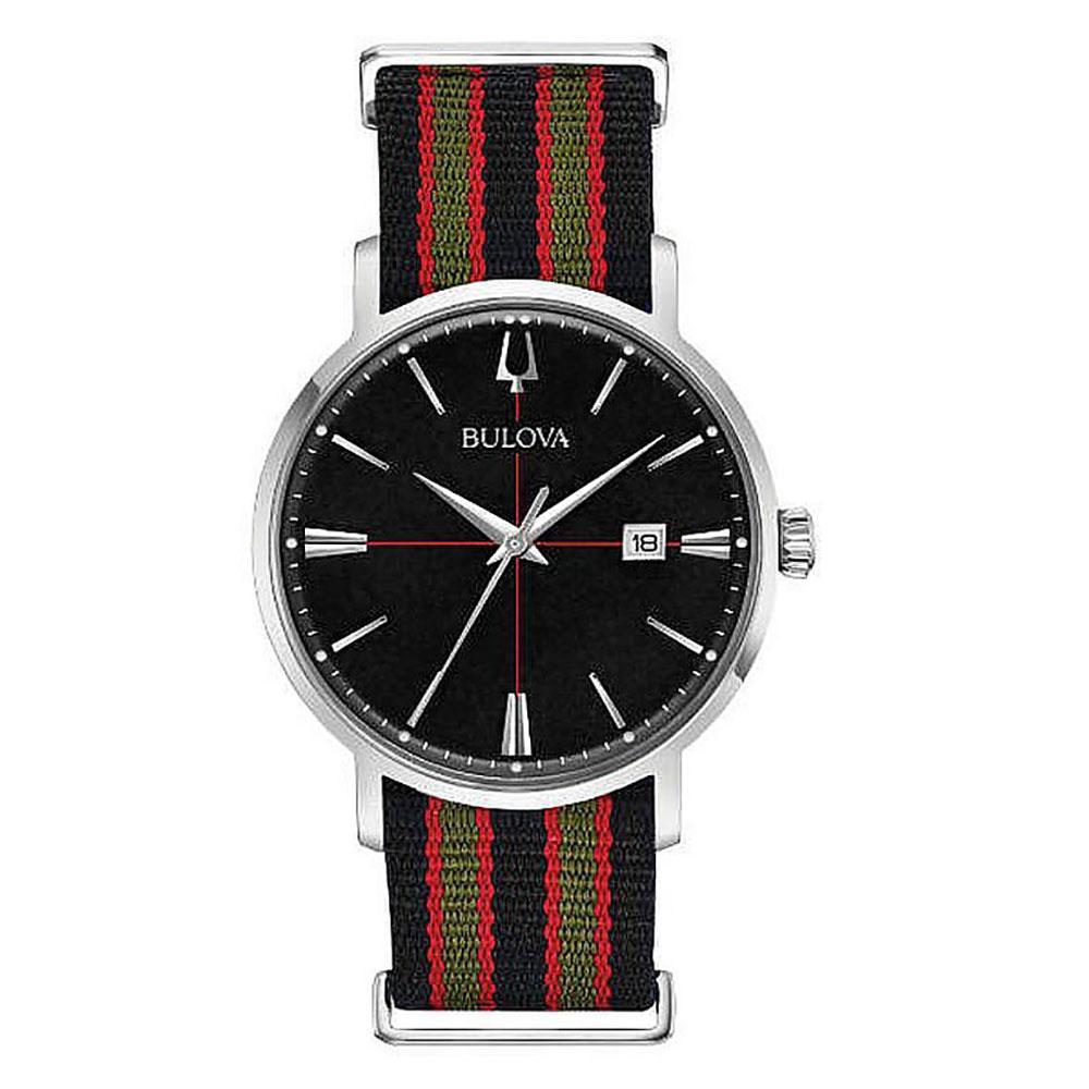 Unworn Bulova Aerojet Steel Striped Nylon Strap Black Dial Quartz Men's Watch 96B317. This Beautiful Timepiece Features: Stainless Steel Case with a Navy Stripe Nylon NATO Strap, Fixed Stainless Steel Bezel, Black Dial with Silver-tone Hands and