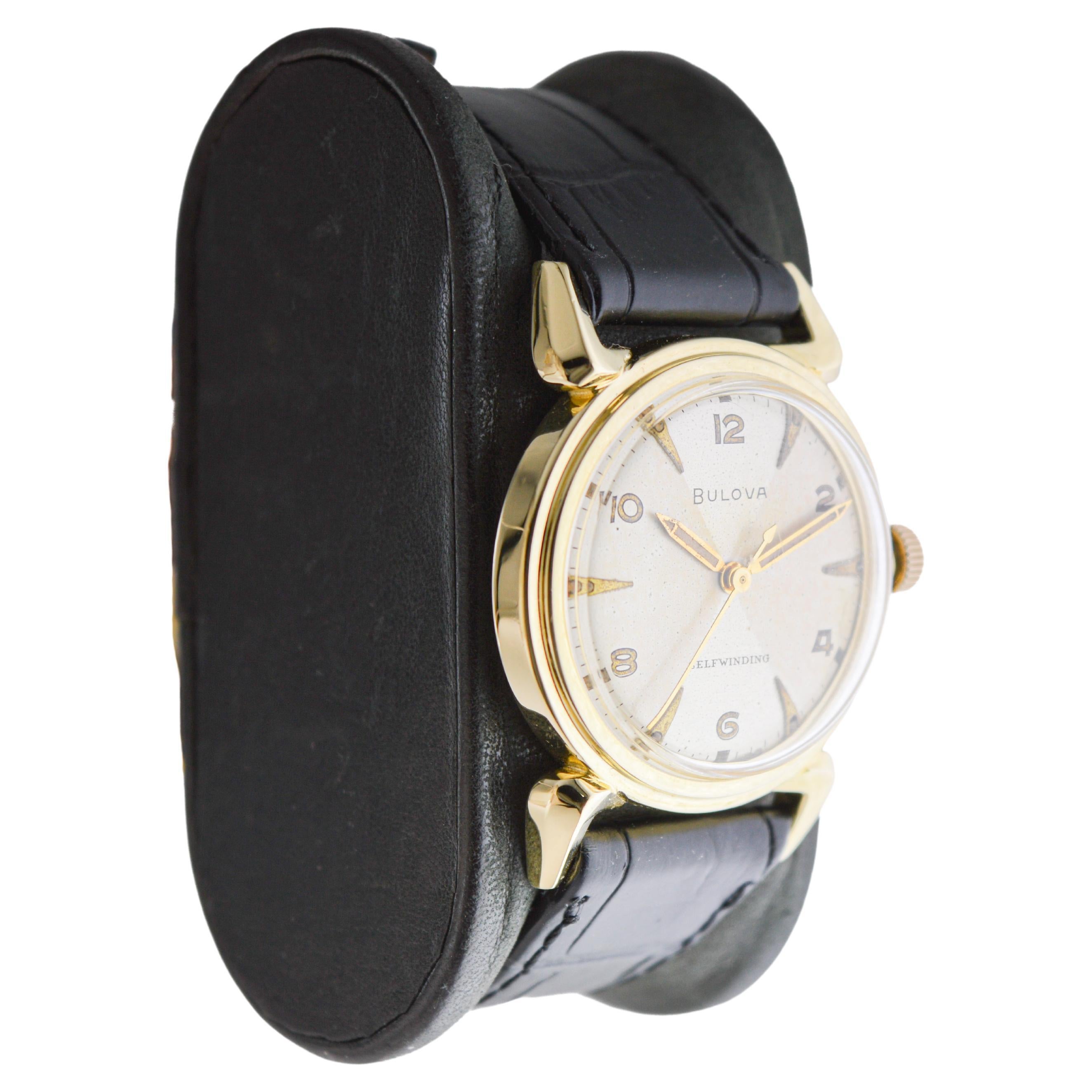FACTORY / HOUSE: Bulova Watch Company
STYLE / REFERENCE: Art Deco / The Devils Design
METAL / MATERIAL: Yellow Gold Filled
CIRCA / YEAR: 1950 / 60's
DIMENSIONS / SIZE: Length 40mm X Diameter 31mm
MOVEMENT / CALIBER: Automatic Winding / 17 Jewels /