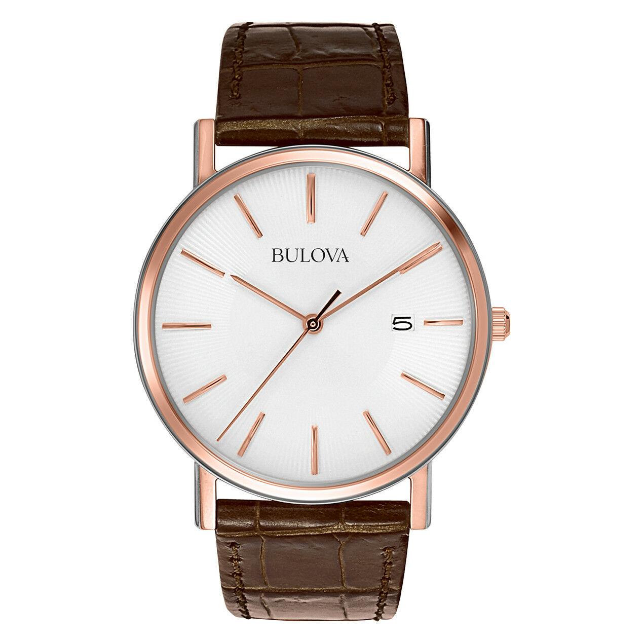 New With Defects Bulova Classic 37mm Rose Gold-Tone Steel White Dial Quartz Men's Watch 98H51. Timepiece Has Light Scuffs or Glue Marks on the Band and Tiny Scratches on the Bezel. This Beautiful Timepiece Features: Stainless Steel Case with a Brown