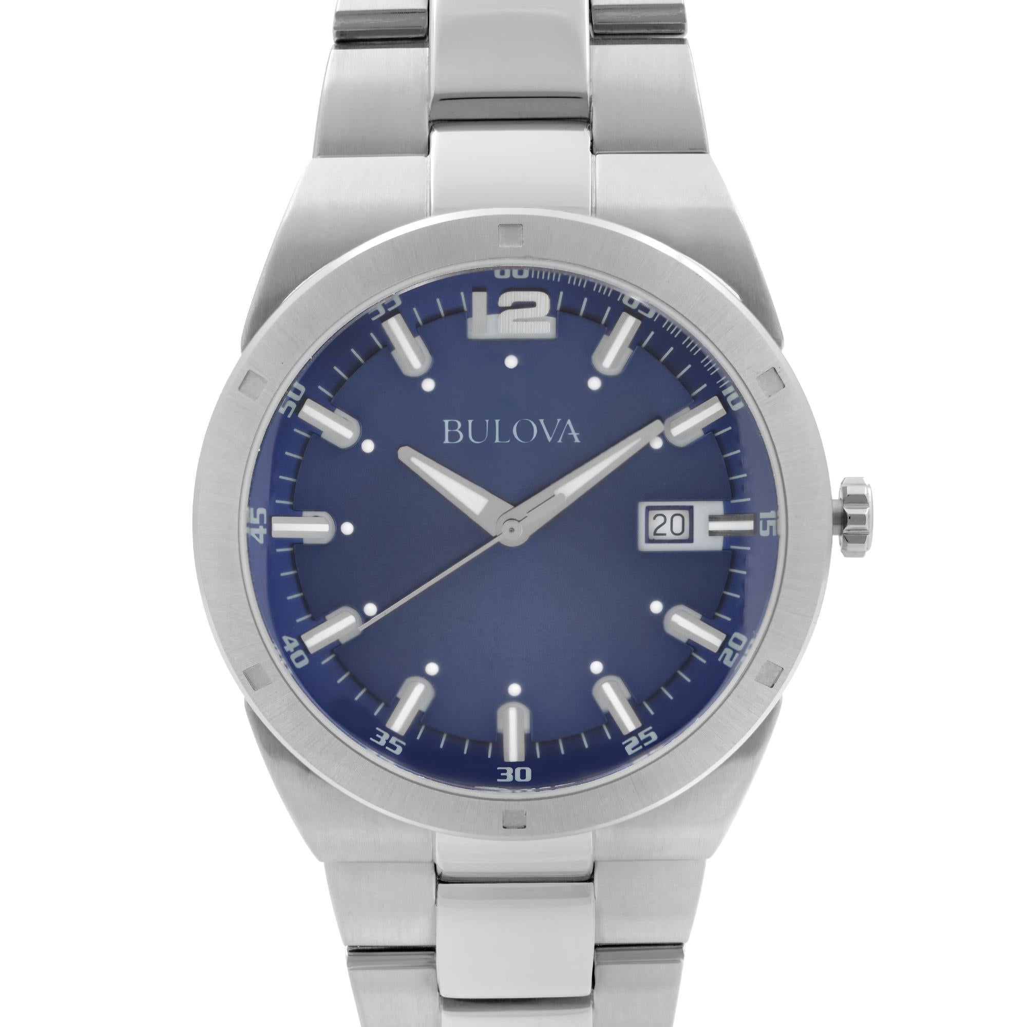 Display Model Bulova Classic 96B220. The Watch has Minor Scratches Due to Store Handling. This Beautiful Timepiece is Powered by Quartz (Battery) Movement And Features: Stainless Steel Case and Bracelet, Fixed Stainless Steel Bezel, Blue Dial with