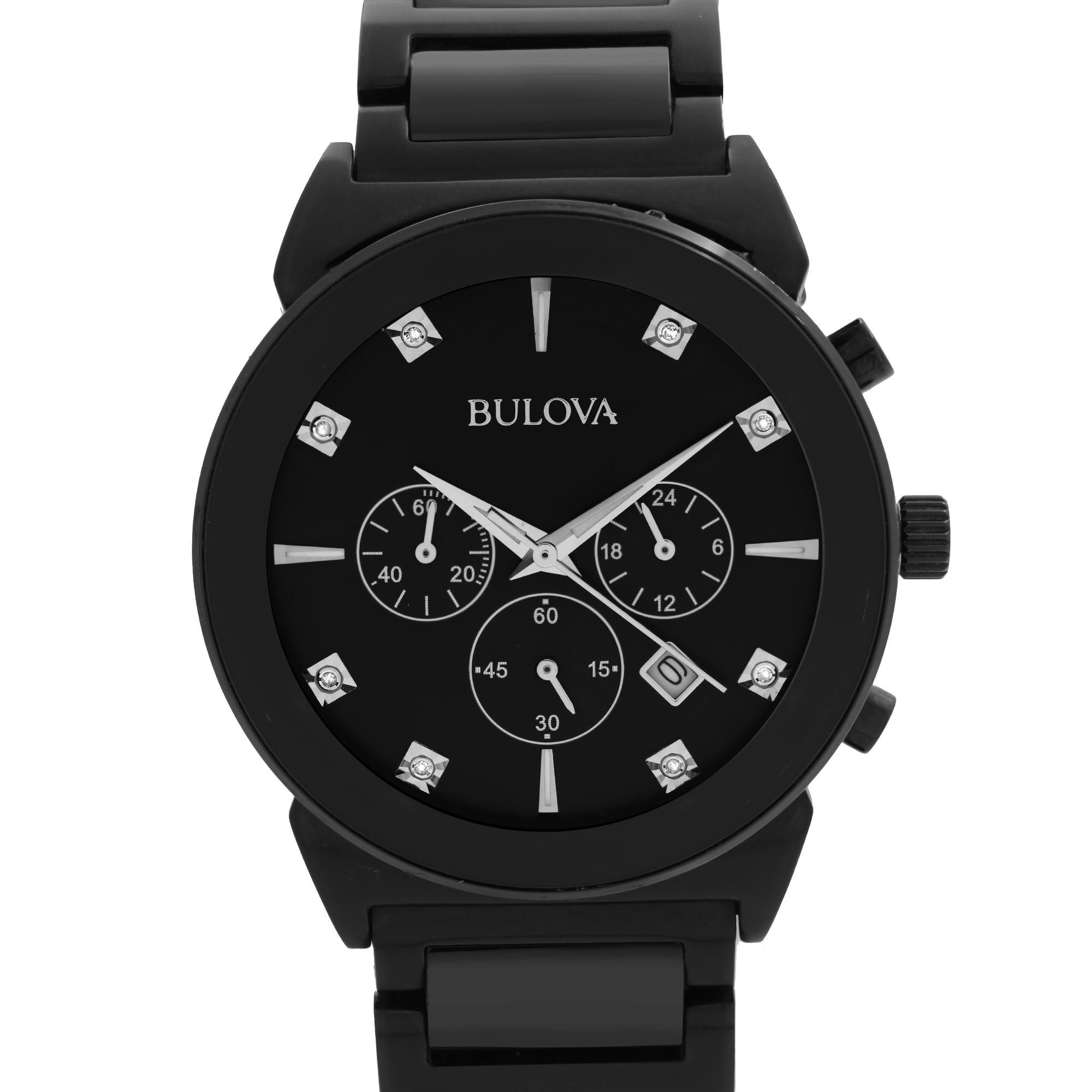 New with Defects Bulova Classic Watch 98D123. Small Scratches Around the Case Due to Opening the Case Back and Replacing a Battery. Original Box and Papers are Included. This Beautiful Timepiece Features: Black Ion-plated Stainless Steel Case and