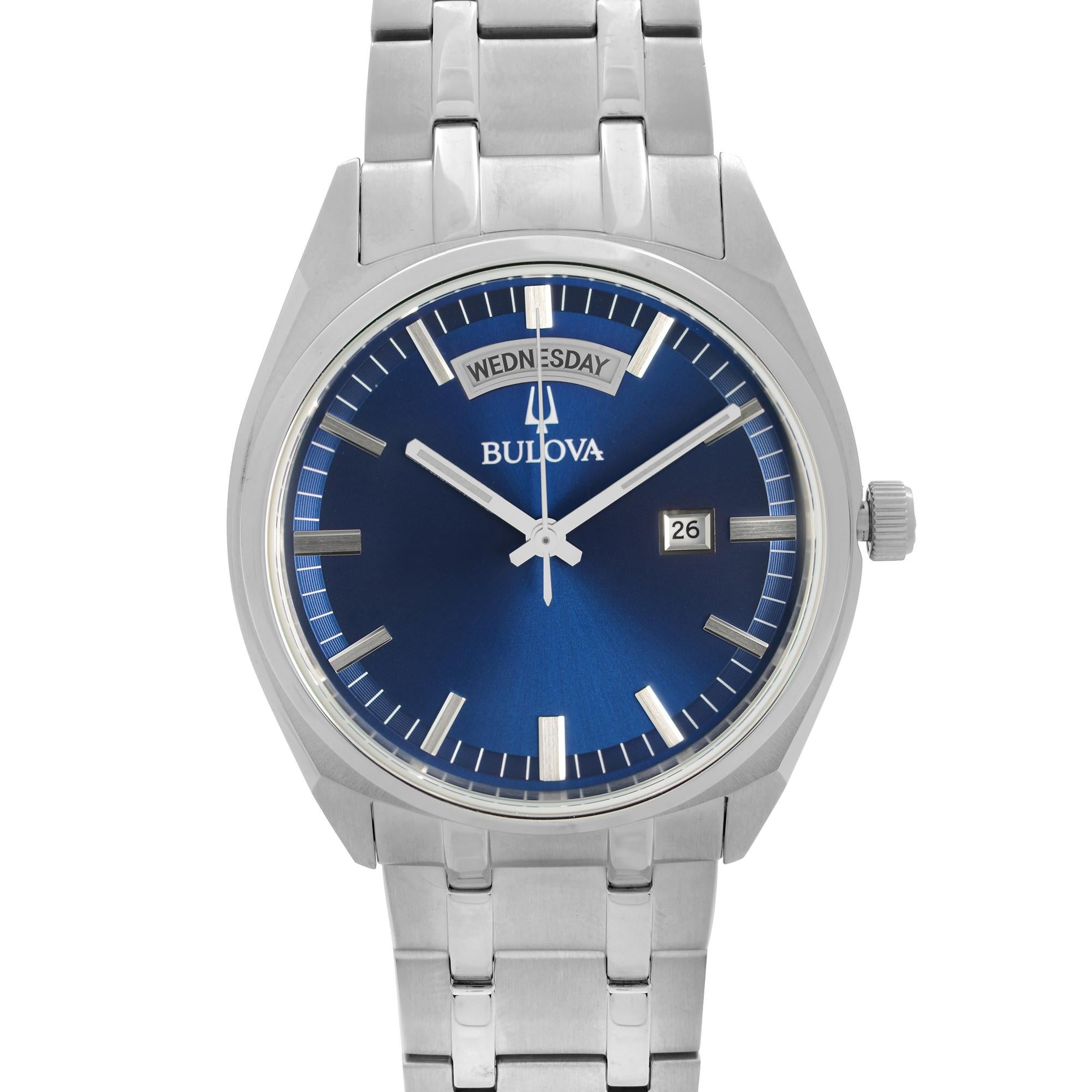 Unworn Bulova Classic Day-Date Stainless Steel Blue Dial Quartz Mens Watch 96C125. This Beautiful Timepiece Features: Stainless Steel Case and Bracelet. Blue Dial with Luminous Silver-Tone Hands and Index Hour Markers. Day and Date Displayed at 12