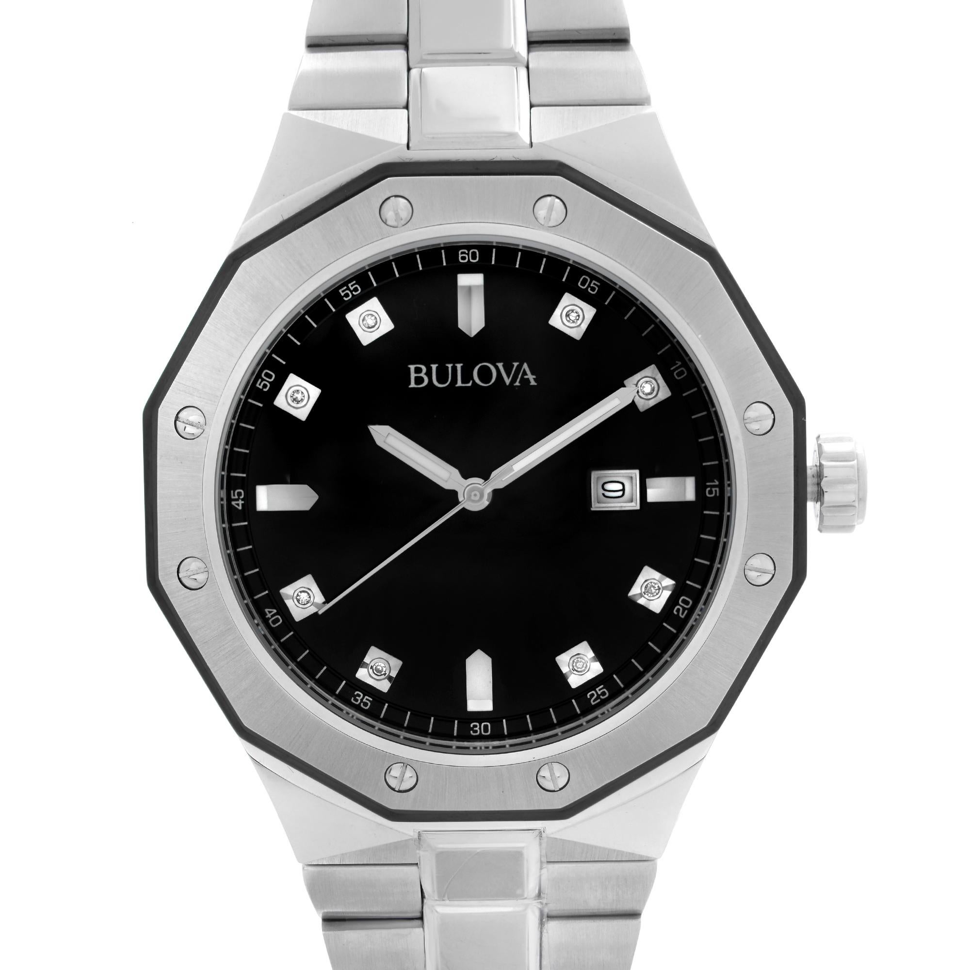 Unworn Bulova Classic Diamond Quartz Watch 98D103. This Beautiful Timepiece Features: Polished Stainless Steel Case and Bracelet. Fixed Steel Bezel. Black Dial with Silver-Tone Luminous Hands and Diamond Hour Markers. Date Indicator is at 3 O'Clock