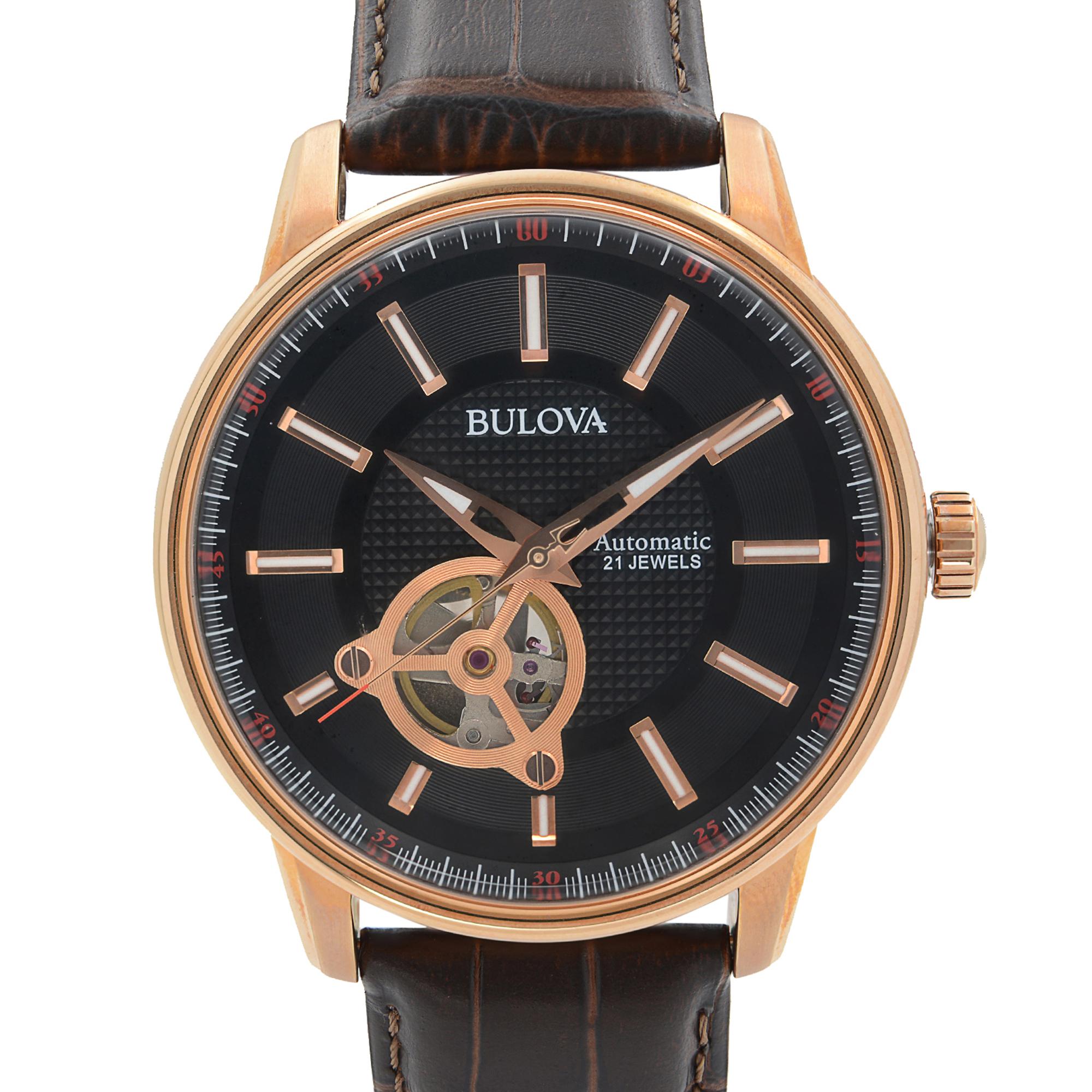 New With Defects Bulova 97A109. The Watch has Minor Scratches on the Case Due to Storing. This Beautiful Timepiece Features: Rose Gold-Tone Stainless Steel Case with a Brown Alligator Leather Strap, Fixed Steel Bezel, Black (Skeletal Window) Dial