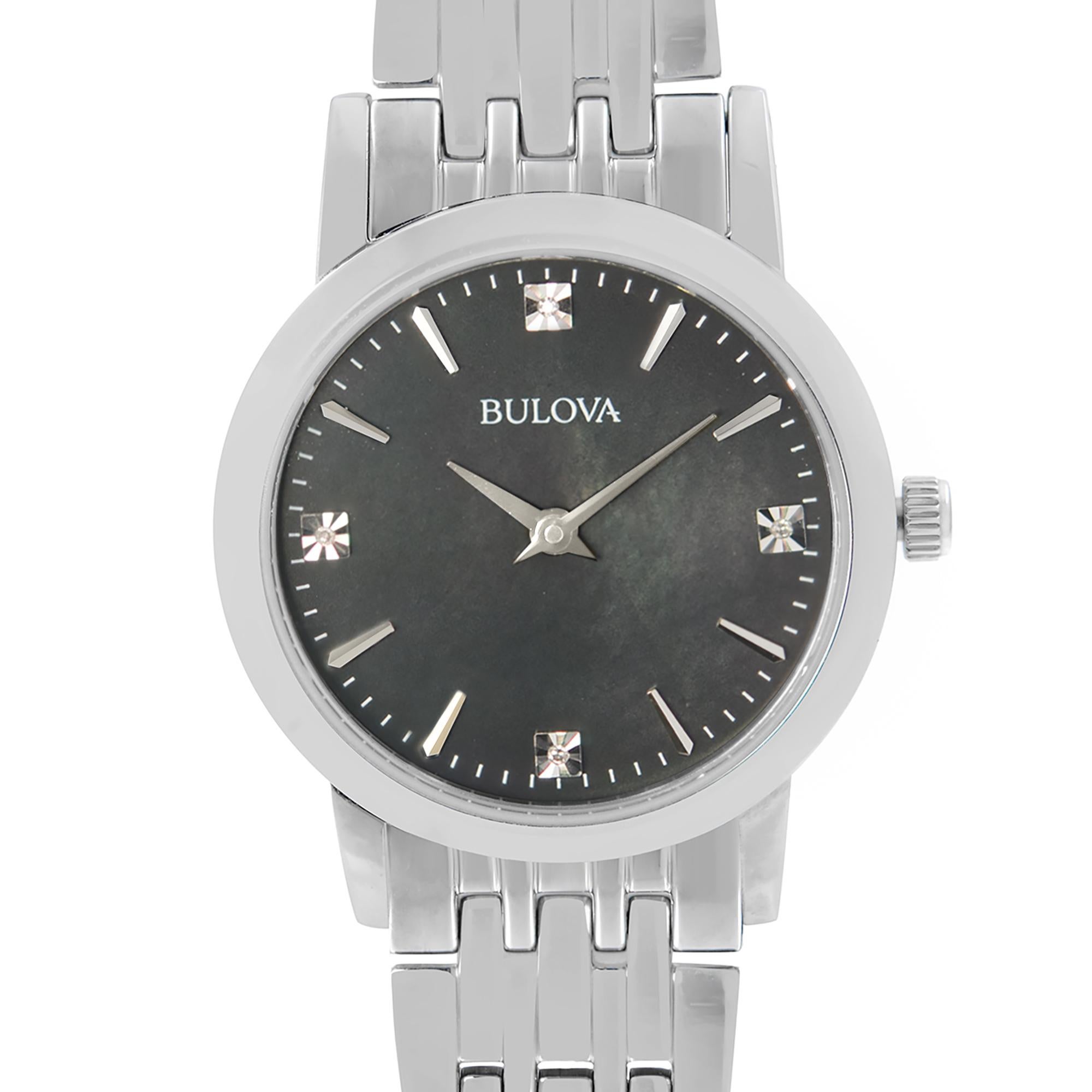 Display Model Bulova Classic Stainless Steel Diamond Black MOP Dial Quartz Ladies Watch 96P148. The Watch has minor Scratches on the case back Due to store handling. Stainless Steel Case with a Stainless Steel Bracelet. Fixed Stainless Steel Bezel.