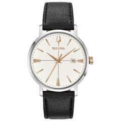 Bulova Klassische Stahl-Herrenuhr 98B254 aus schwarzem Leder mit silbernem Zifferblatt