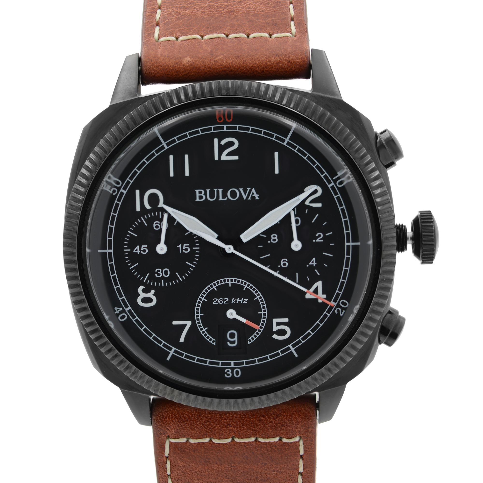 New With Defects Bulova 98B245. The Band has Cracked Paint Along the Side, Minor Wrinkles and other imperfections on the Inner and Outer Sides. This Beautiful Timepiece Features: Black Ion-Plated Stainless Steel Case with a Brown Leather Strap,