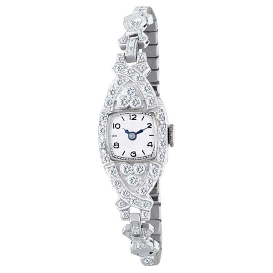 Bulova Cocktail Watch with Platinum & Diamond Case on 14k White Gold Band For Sale