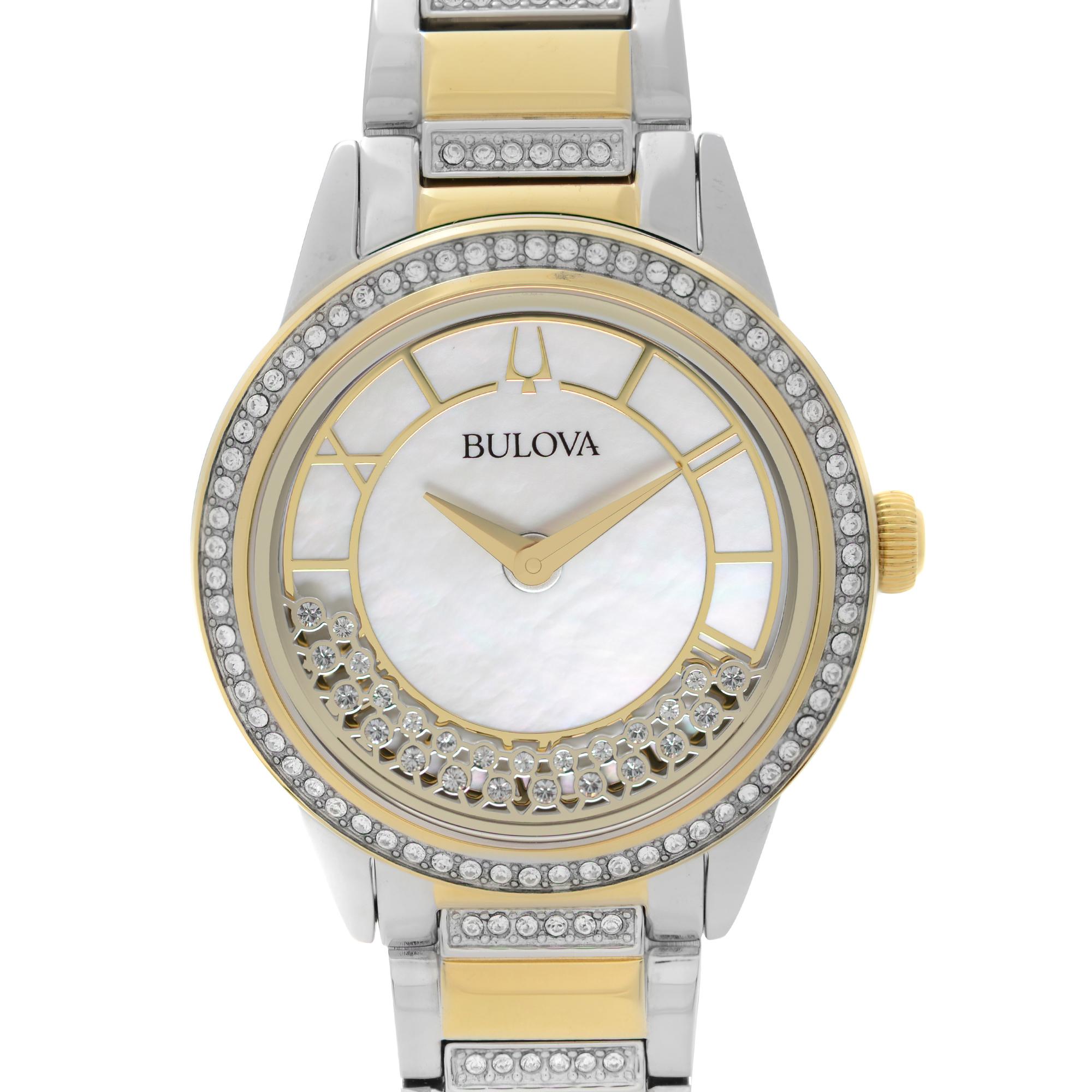 Display model Bulova Crystal Turnstyle Watch 98L245. The Watch has Minor Blemishes From Storing. Original Box and Papers are Included. This Beautiful Timepiece is Powered by Quartz (Battery) Movement And Features: Round Stainless Steel Case with a