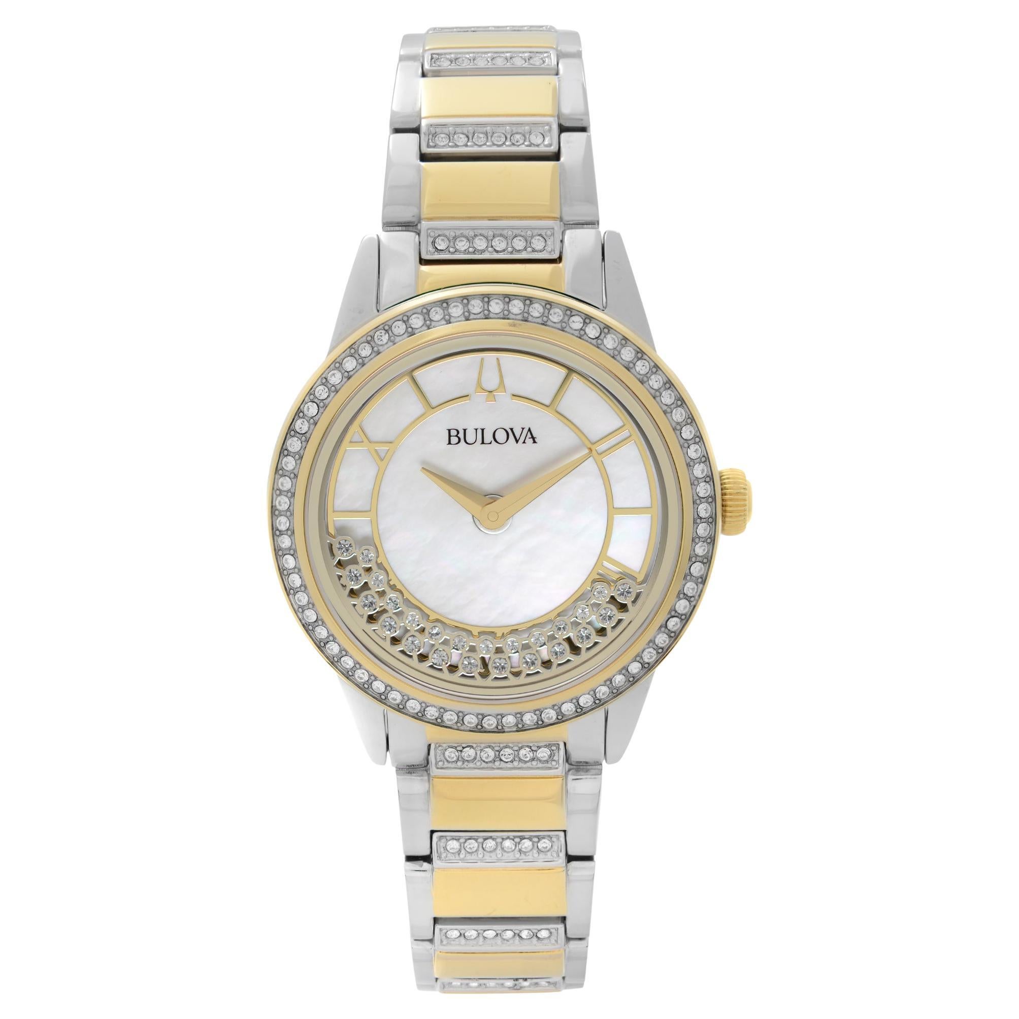 Bulova Crystal Turnstyle Two-Tone Steel Mop Dial Quartz Ladies Watch 98L245 For Sale
