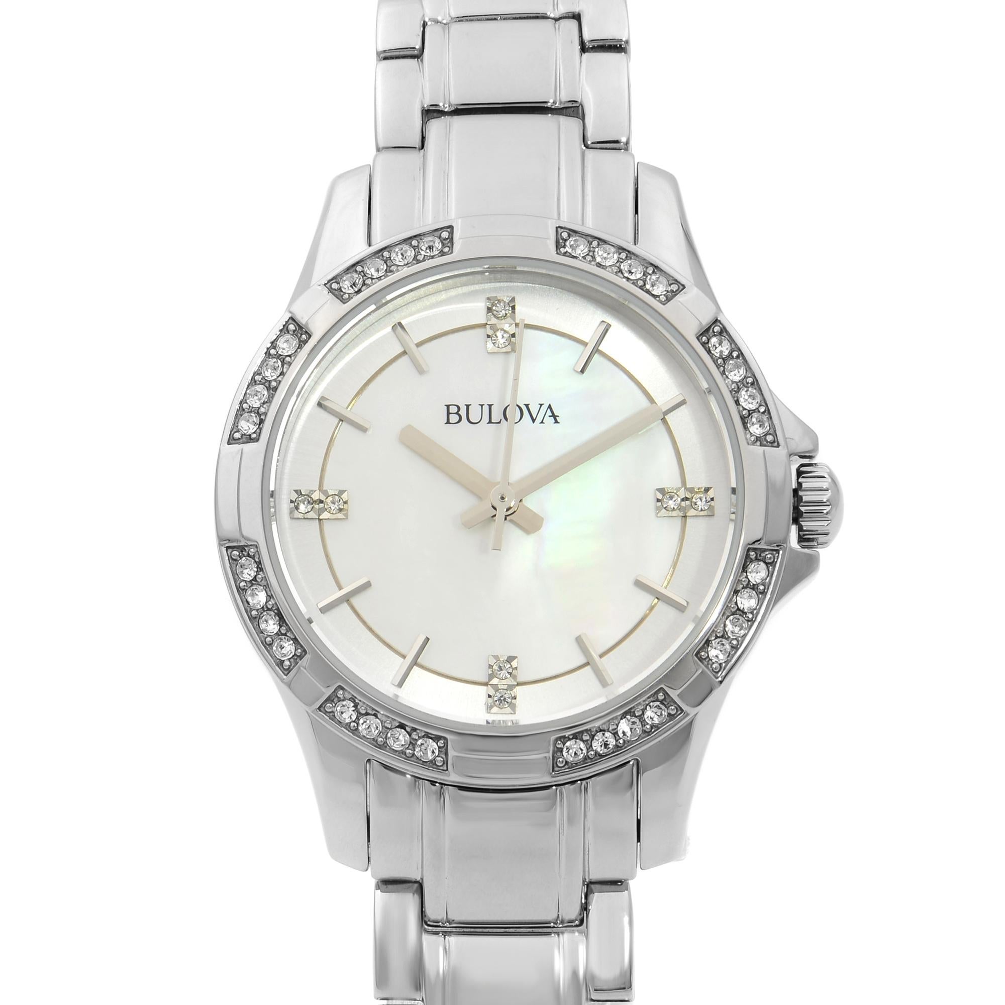 Bulova Crystals Accents Stainless Steel MOP Dial Quartz Ladies Watch 96L191 This Beautiful Timepiece is Powered by a Quartz (Battery) Movement and Features: a Stainless Steel Case and Bracelet, Fixed Stainless Steel Crystals Accents Bezel, a Silver