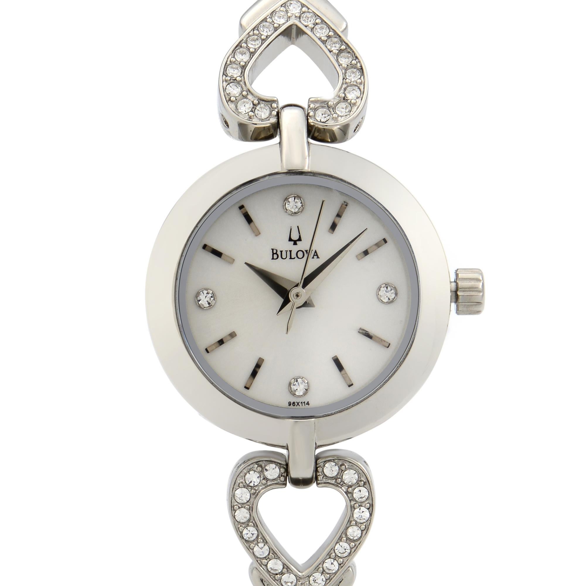 Bulova Crystals Stainless Steel Silver Dial Quartz Ladies Watch 96X114 This Beautiful Timepiece is Powered by a Quartz (Battery) Movement and Features: a Stainless Steel Case and Bracelet, Fixed Stainless Steel Bezel, a Silver Sunburst Dial with