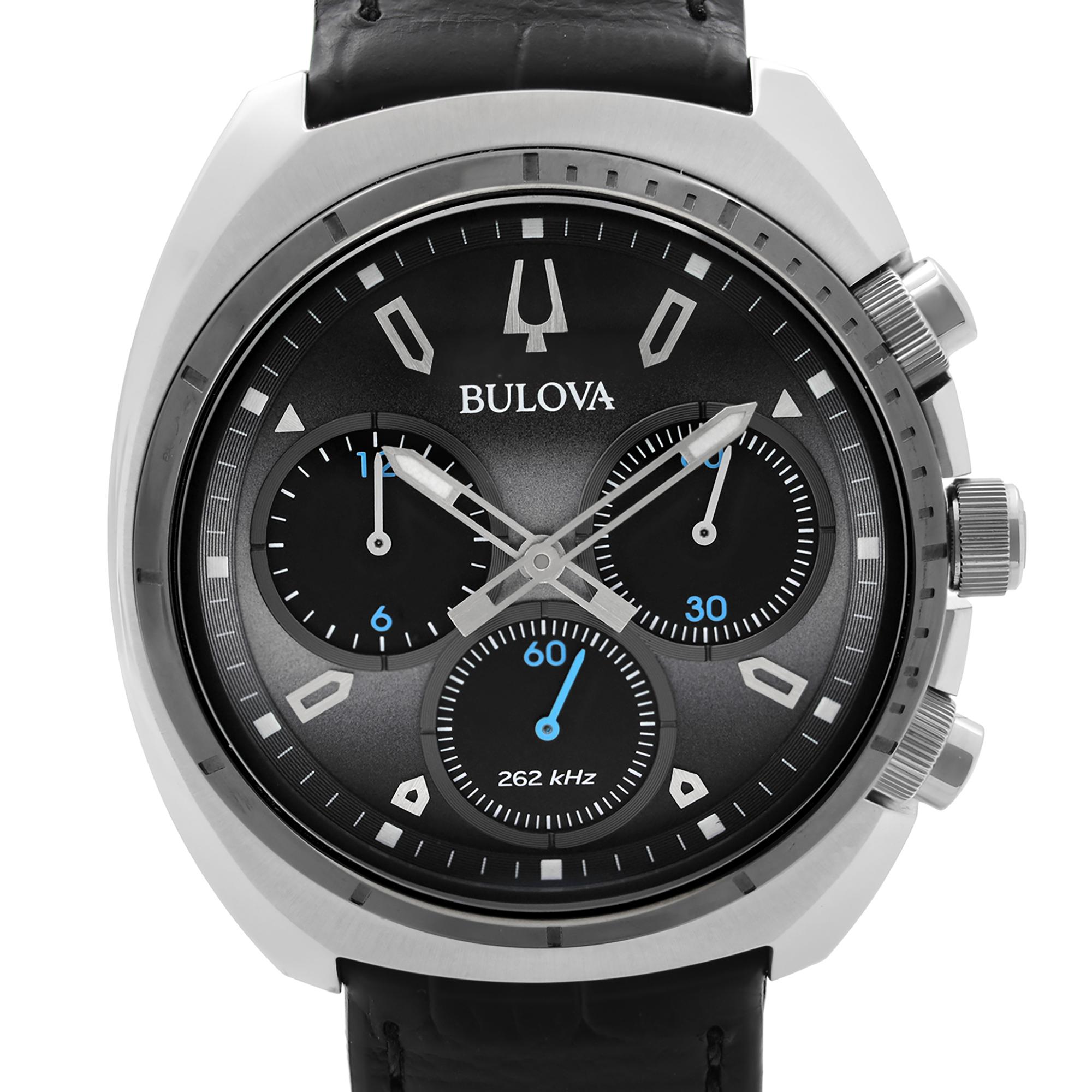 New With Defects Bulova Curv 43mm Chronograph Stainless Steel Dark Gray Dial Quartz Mens Watch 98A155. The Watch Has Glue Marks on the Inner Side of the Band and Might Have Minor Blemishes on the Bezel. This Beautiful Timepiece Features: Stainless