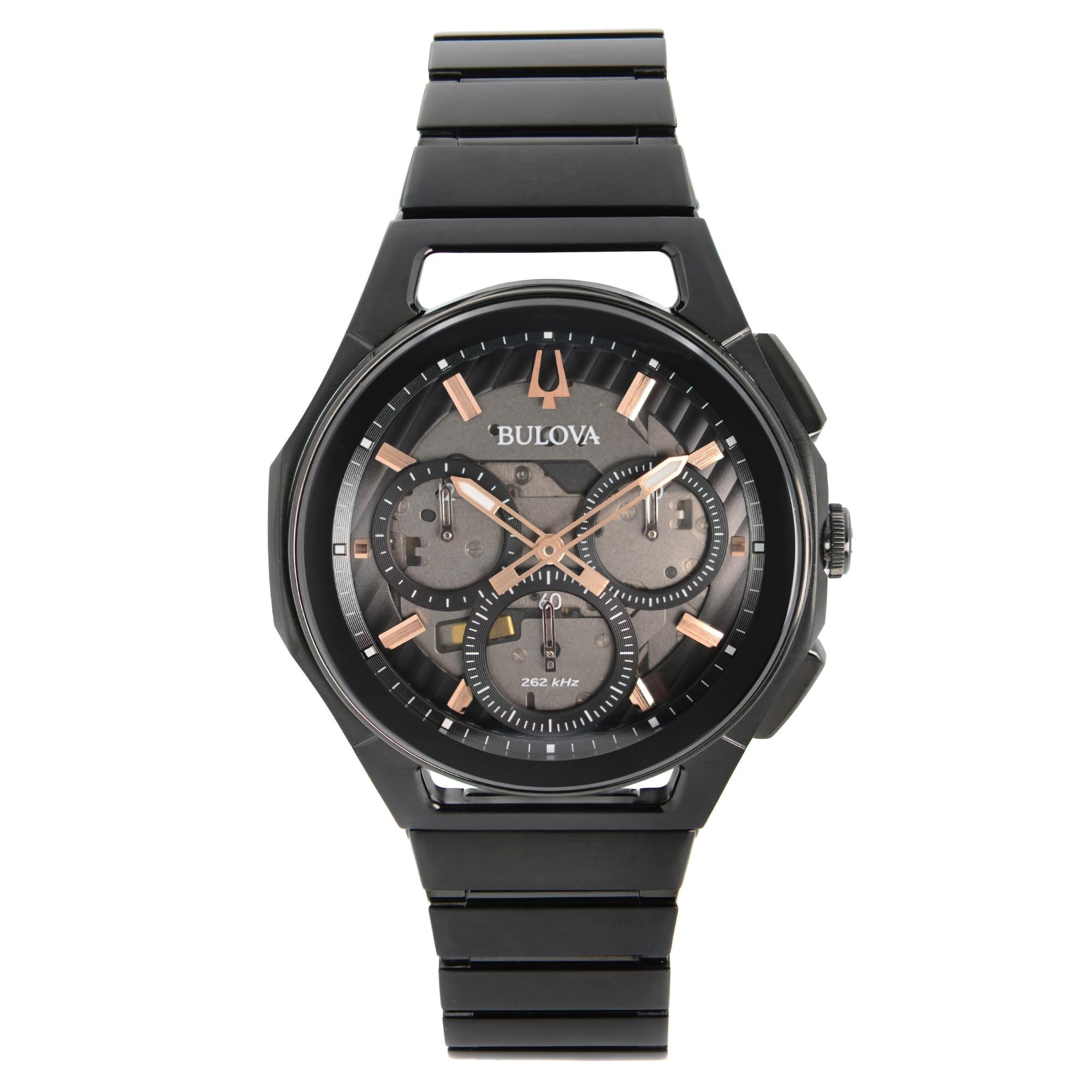 Unworn Bulova Curv 44mm Chronograph Stainless Steel Black Dial Quartz Men's Watch 98A207. This Beautiful Timepiece Features: Black Ion-Plated Stainless Steel Case and Bracelet. Fixed Black Ion-Plated Bezel. Black Dial with Luminous Rose Gold-Tone