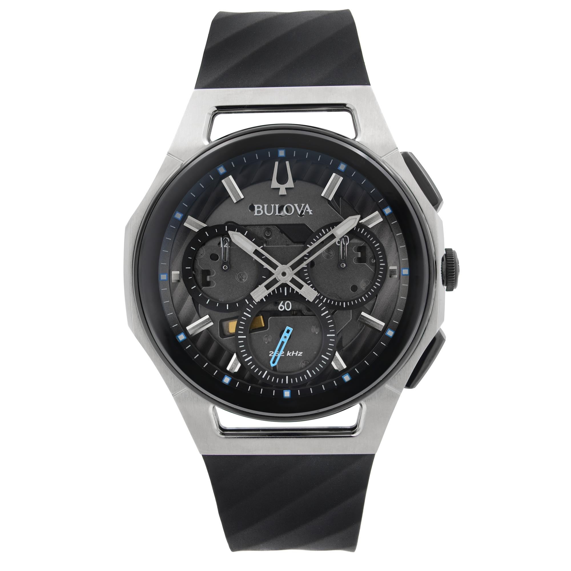 Unworn Bulova Curv 44mm Chronograph Stainless Steel Gray Dial Quartz Men's Watch 98A161. This Beautiful Timepiece Features: Stainless Steel Case with a Black Rubber Strap. Fixed Black Bezel. Dark Grey Dial with Luminous Silver-Tone Hands, And Index