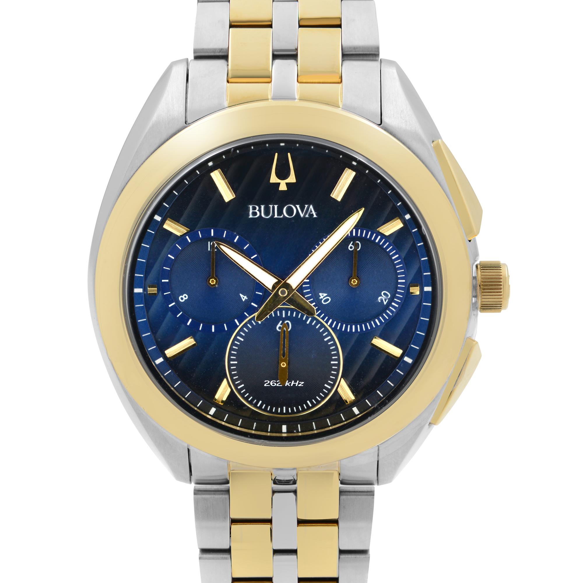 New with Defects Bulova Curv Men's Watch 98A159. The Watch has tiny Scratches on the Bezel and Bracelet Due to Storing. This Beautiful Timepiece Features: Stainless Steel Case with a Two-Tone Bracelet, Fixed Yellow Gold-Tone Bezel, Navy Blue Dial
