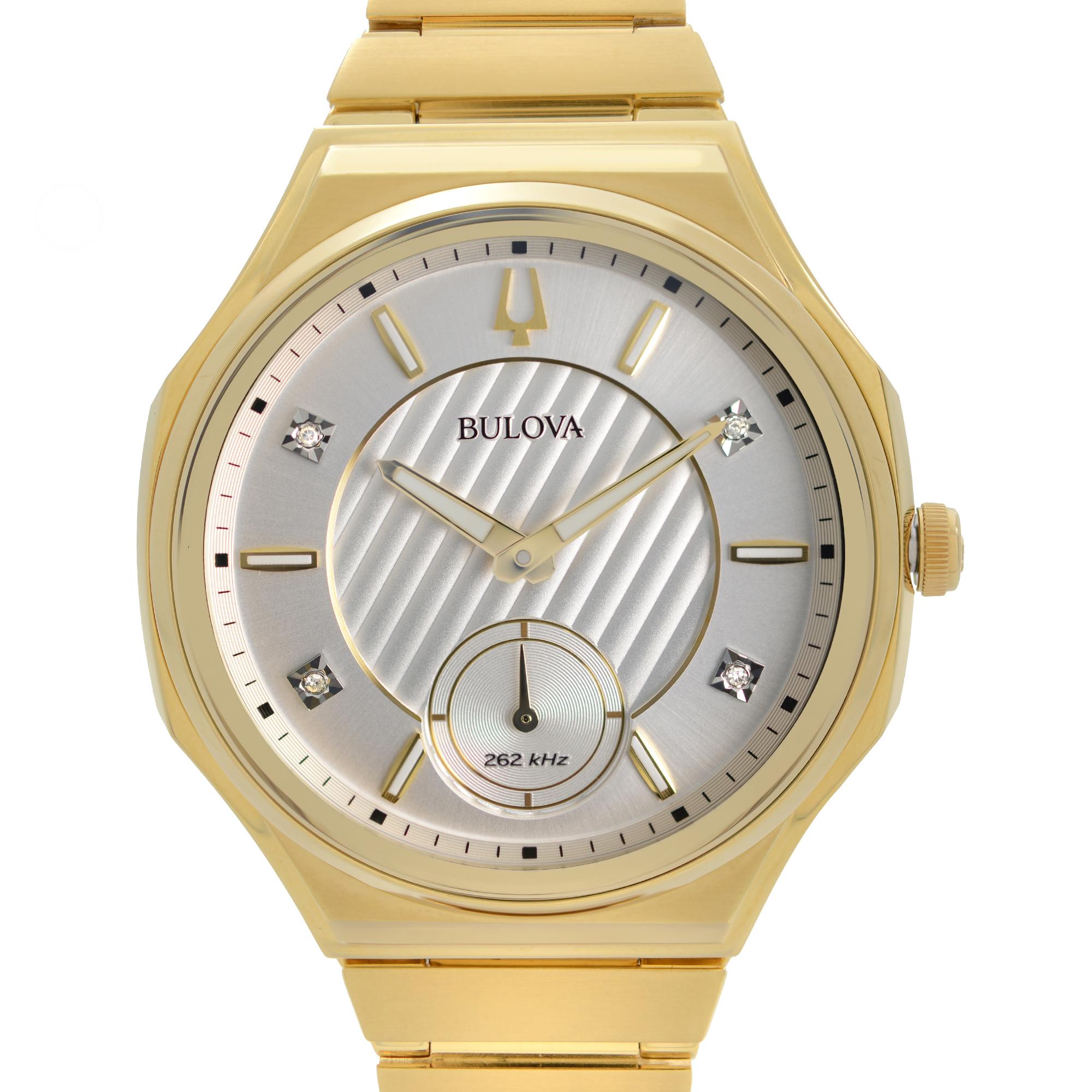 Display Model Bulova Curv Gold PVD Steel Diamond Silver Dial Quartz Ladies Watch 97P136. The Watch Has Minor Blemishes Due to Store Handling. This Beautiful Timepiece Features: Yellow Gold PVD Stainless Steel Case and Bracelet, Fixed Yellow Gold PVD