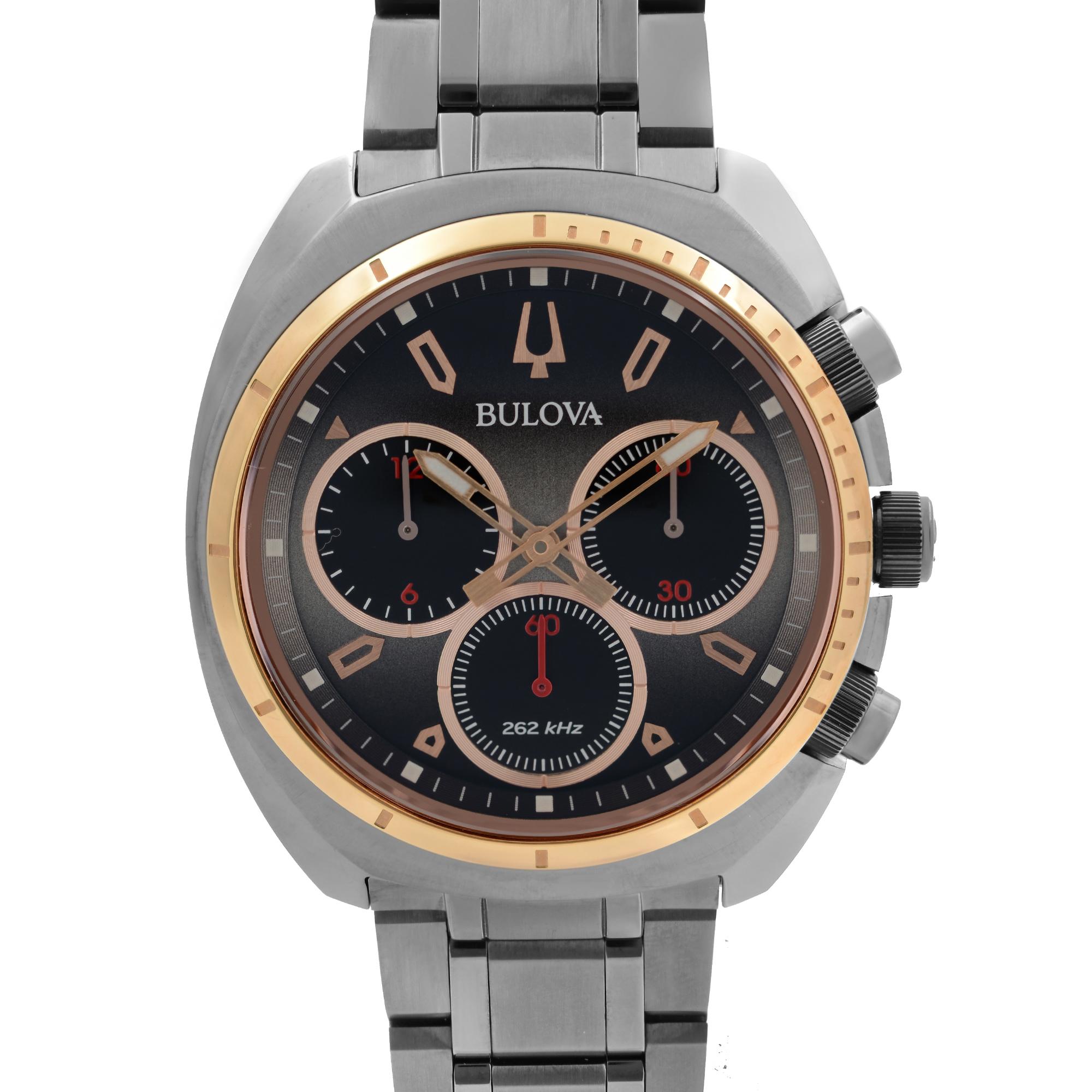 Display Model Bulova Curv 98A158. The Watch Has Minor Blemishes Due to Store Handling. This Beautiful Timepiece Features: Grey Ion-Plated Stainless Steel Case and Bracelet. Fixed Rose Gold-Tone Stainless Steel Bezel. Dark Grey Dial with Luminous