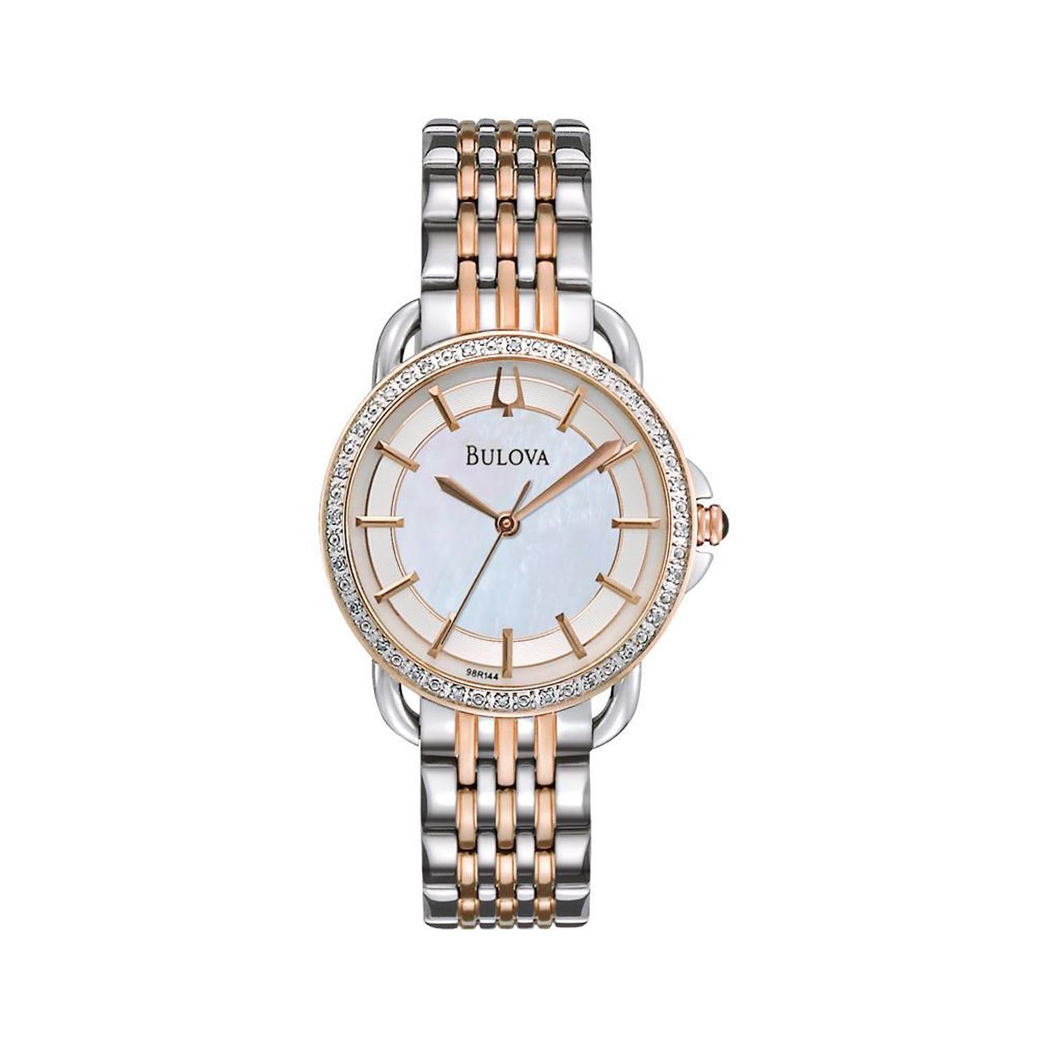 This new Bulova  is a beautiful ladies  timepiece that is powered by quartz movement which is cased in a stainless steel case. It has a round shape face, white dial and has hand sticks style markers. It is completed with a stainless steel band that