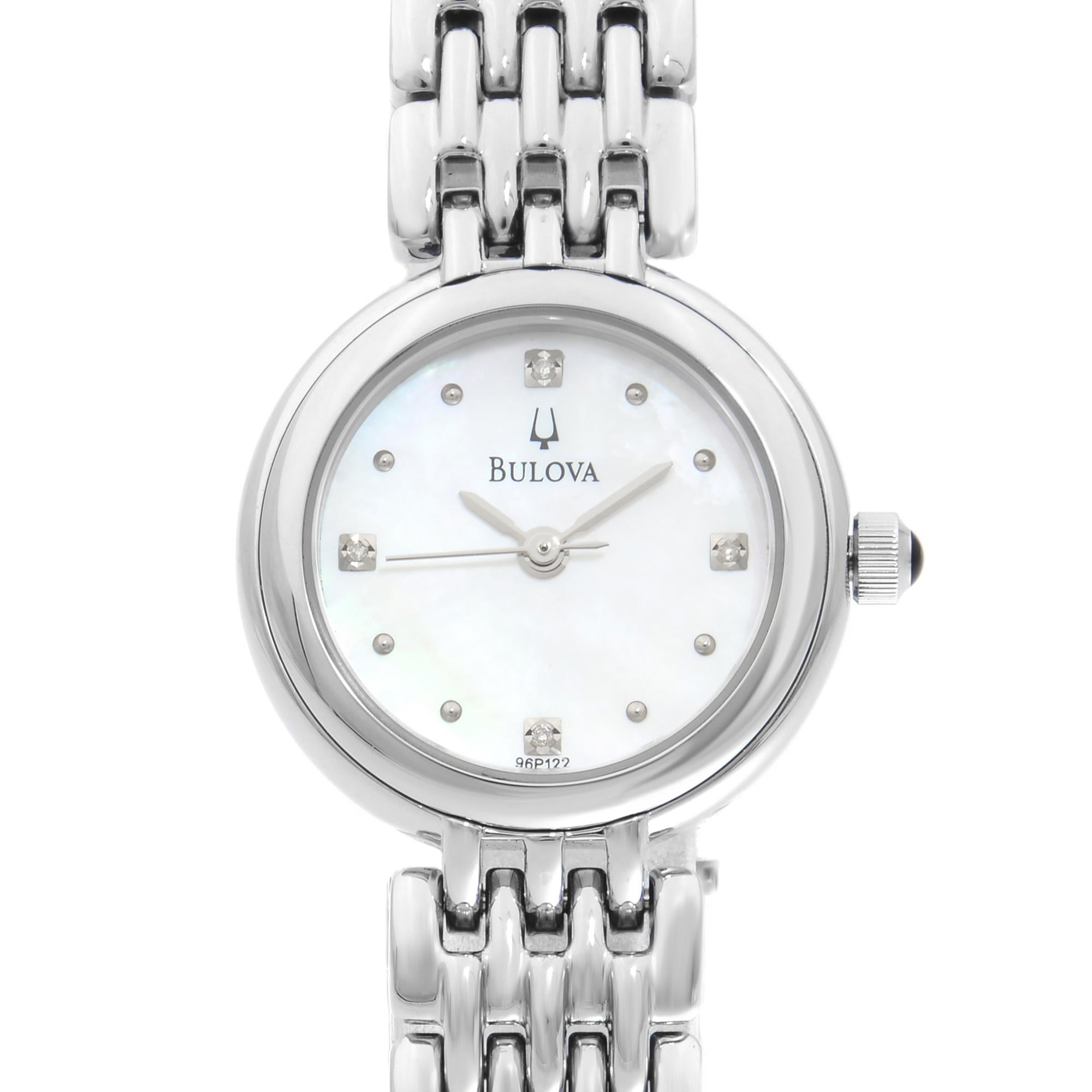 This timepiece comes original box and papers. 
Stainless steel case with a stainless steel bracelet. Fixed stainless steel bezel. 
Silver dial with silver-tone hands and dot hour markers. Luminescent hands and markers. 
Diamond markers at the 3, 6,
