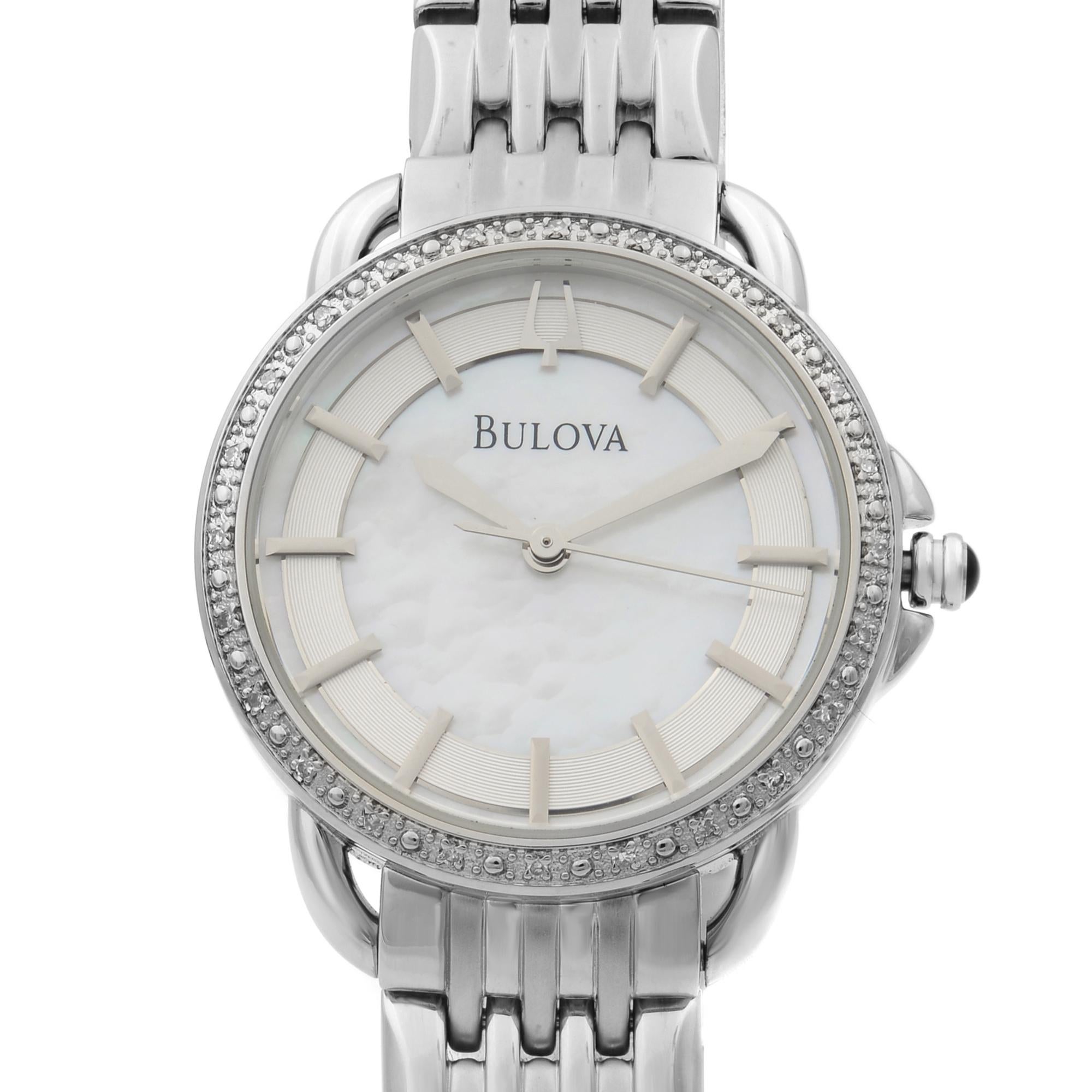 This pre-owned Bulova 96R146 Watch is a beautiful womens timepiece that is powered by quartz (battery) movement which is cased in a stainless steel case. It has a round shape face,  and has hand sticks style markers. It is completed with a stainless