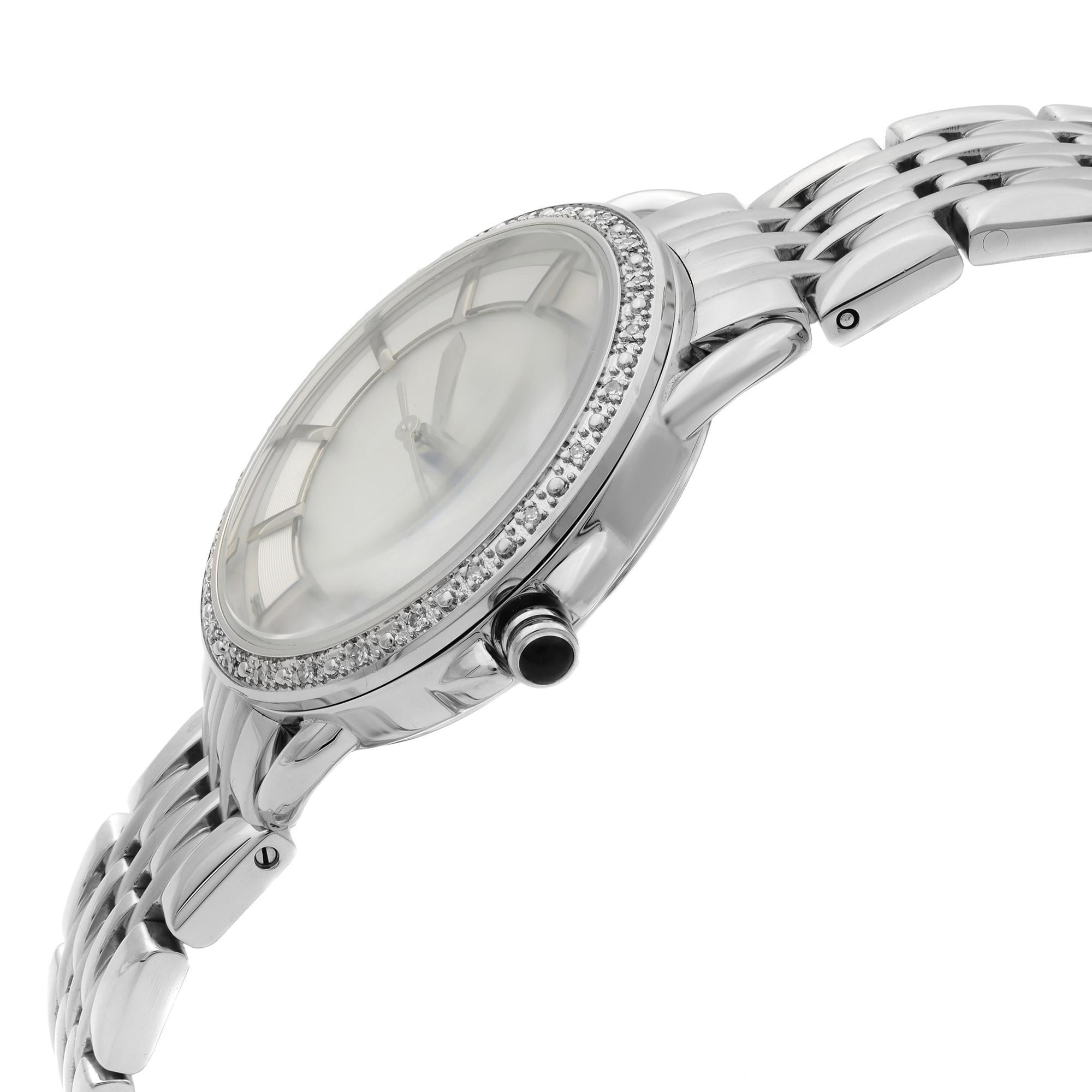 Bulova Diamond Stainless Steel Mother of Pearl Dial Quartz Ladies Watch 96R146 In Excellent Condition In New York, NY