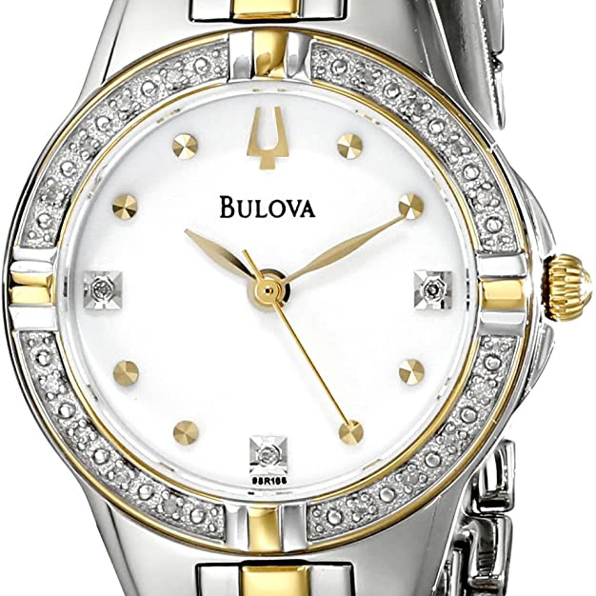 Bulova Diamond Stainless Steel Silver Dial Quartz Ladies Watch 98R166 This Beautiful Timepiece is Powered by a Quartz (Battery) Movement and Features: a Stainless Steel Case and a Two-Tone Bracelet, Fixed Stainless Steel Bezel, a Silver Sunburst