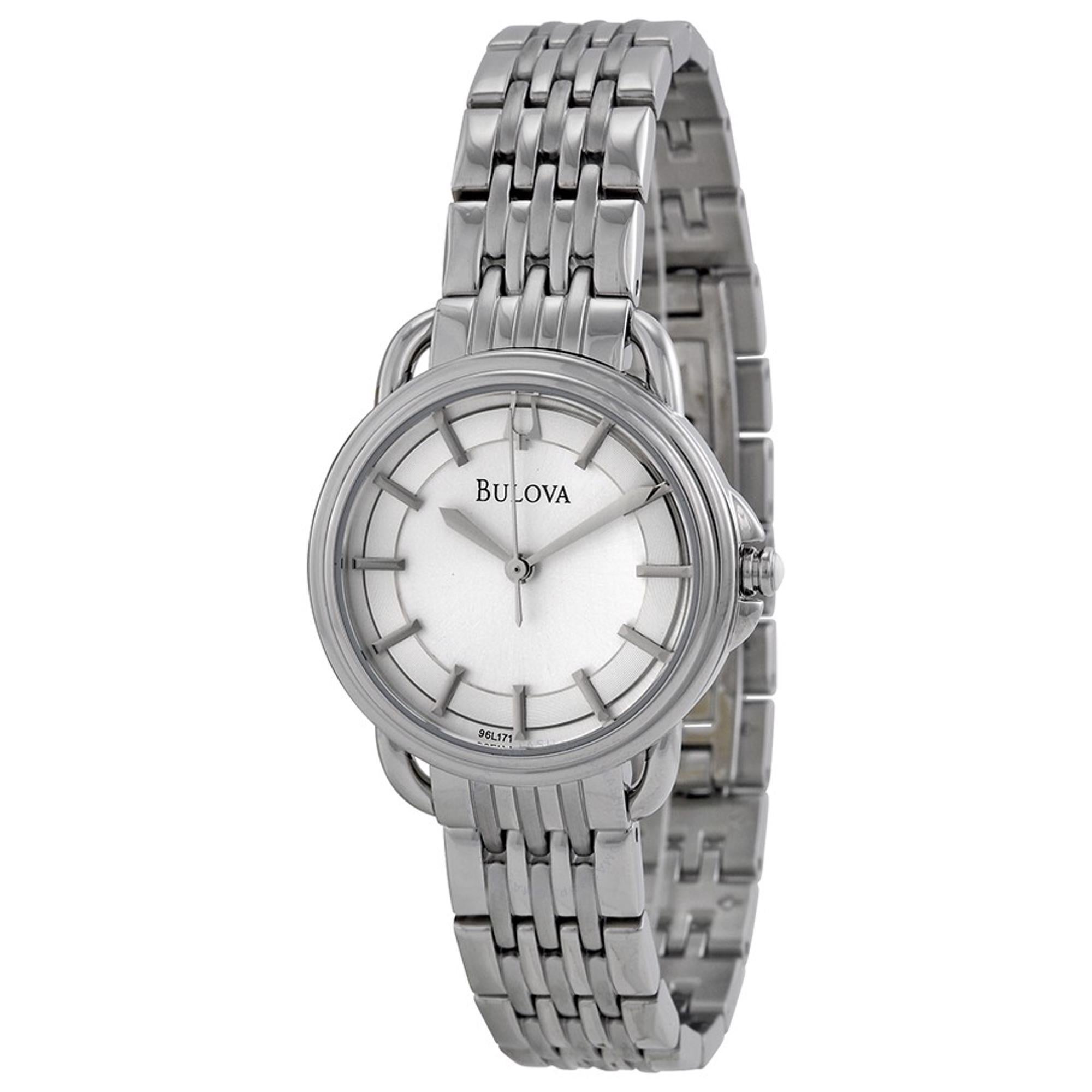 Bulova Dress Silver Sticks Dial Stainless Steel Quartz Ladies Watch 96L171 This Beautiful Timepiece is Powered by a Quartz (Battery) Movement and Features: a Stainless Steel Case and Bracelet, Fixed Stainless Steel Bezel, a Silver Sunburst Dial with