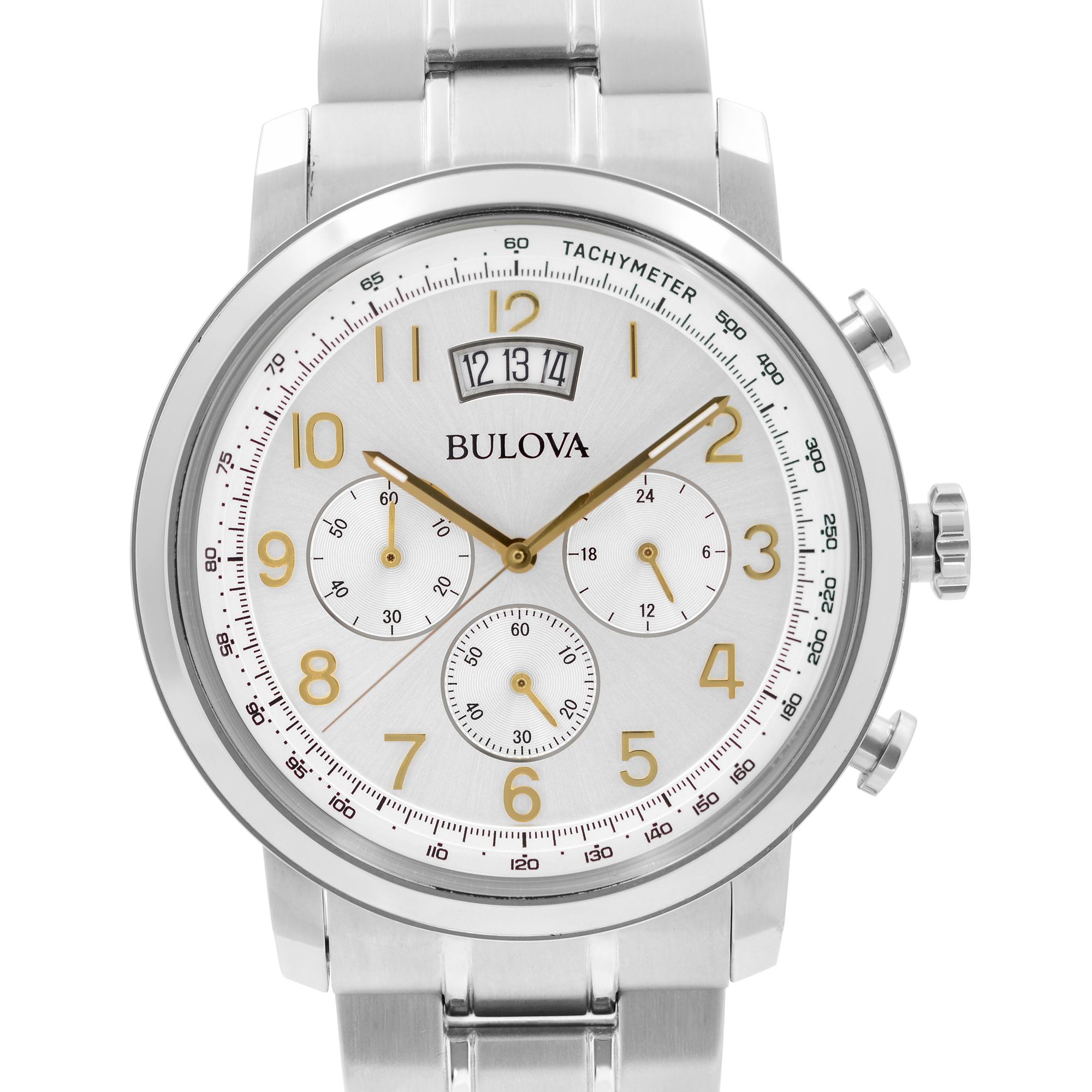 New with Defects Bulova Quartz Men's Watch 96B201. The Watch Has a Couple of Tiny Scratches on the Crystal. This Timepiece Features: Stainless Steel Case and Bracelet, Fixed Stainless Steel Bezel, Silver-Tone Dial with Luminous Gold-Tone Hands, And