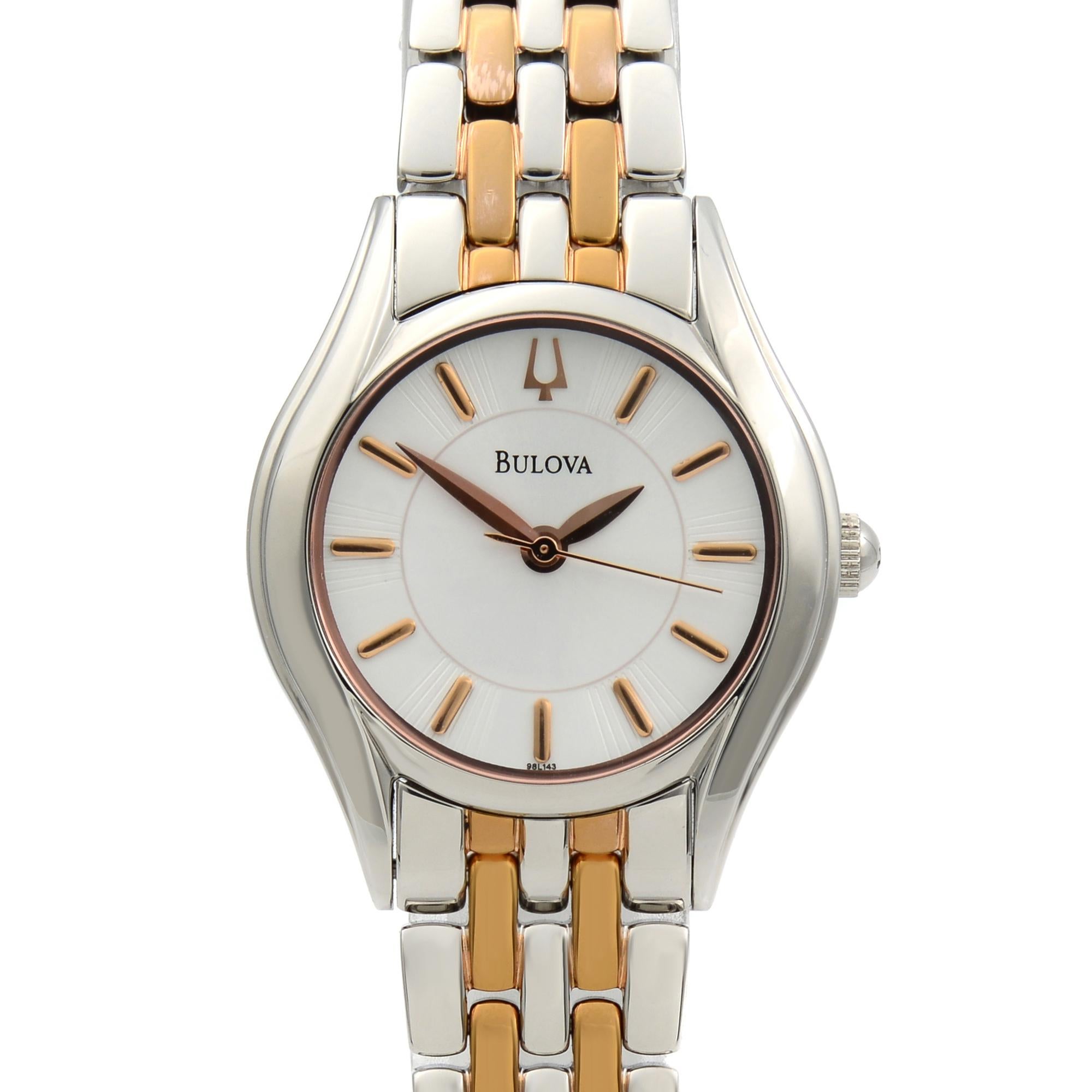 Pre-owned Bulova Essentials Silver Sticks Dial Two Tone Steel Quartz Ladies Watch. Micro Scratches on the Rose Gold-Tone Bracelet, This Beautiful Timepiece is Powered by a Quartz (Battery) Movement and Features: Stainless Steel Case with a Two-Tone