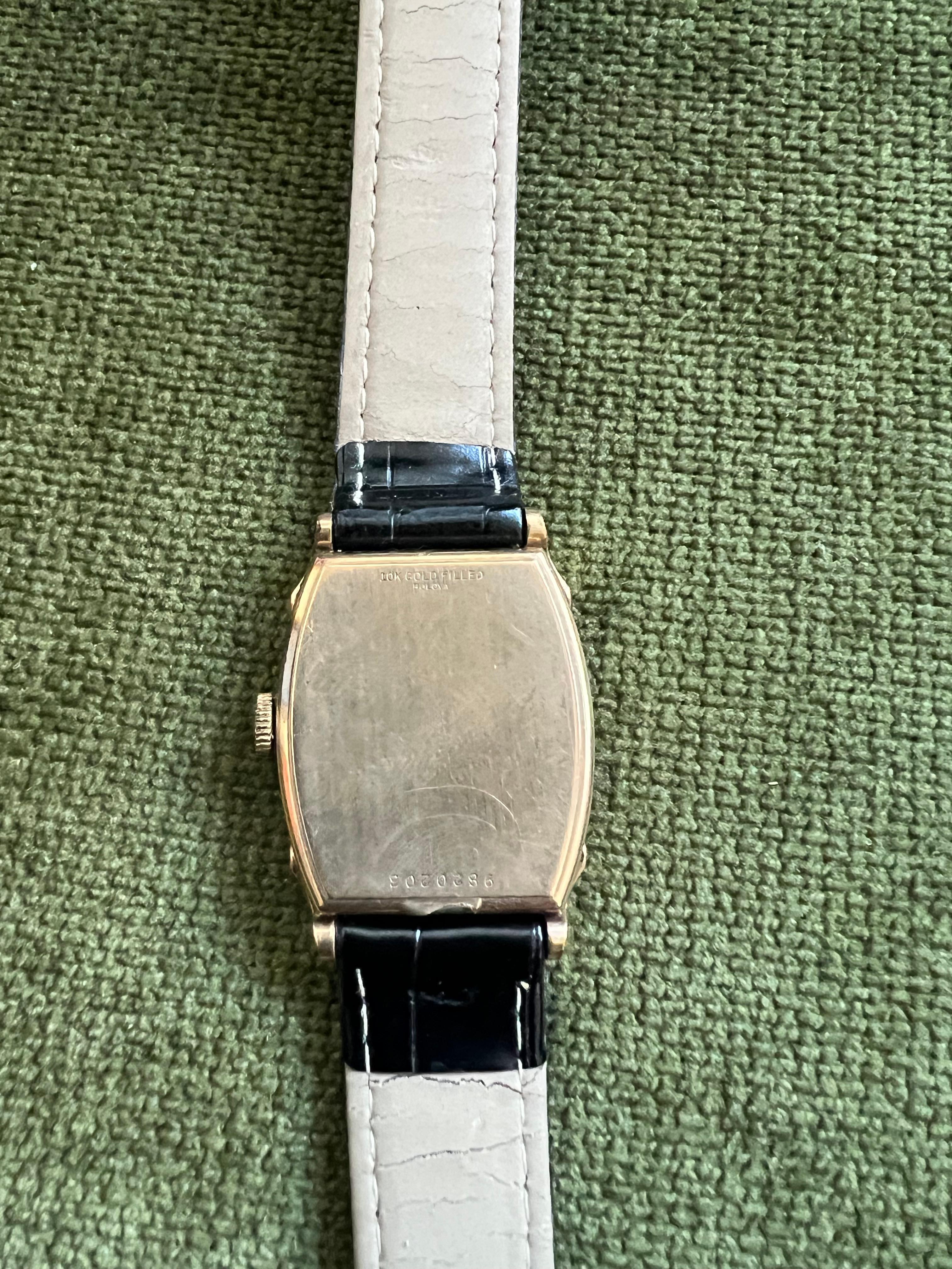 Bulova Excellency 2-Zifferblatt-Uhr aus 10k Gold mit neuem Lederarmband, ca. 1940er Jahre im Angebot 2