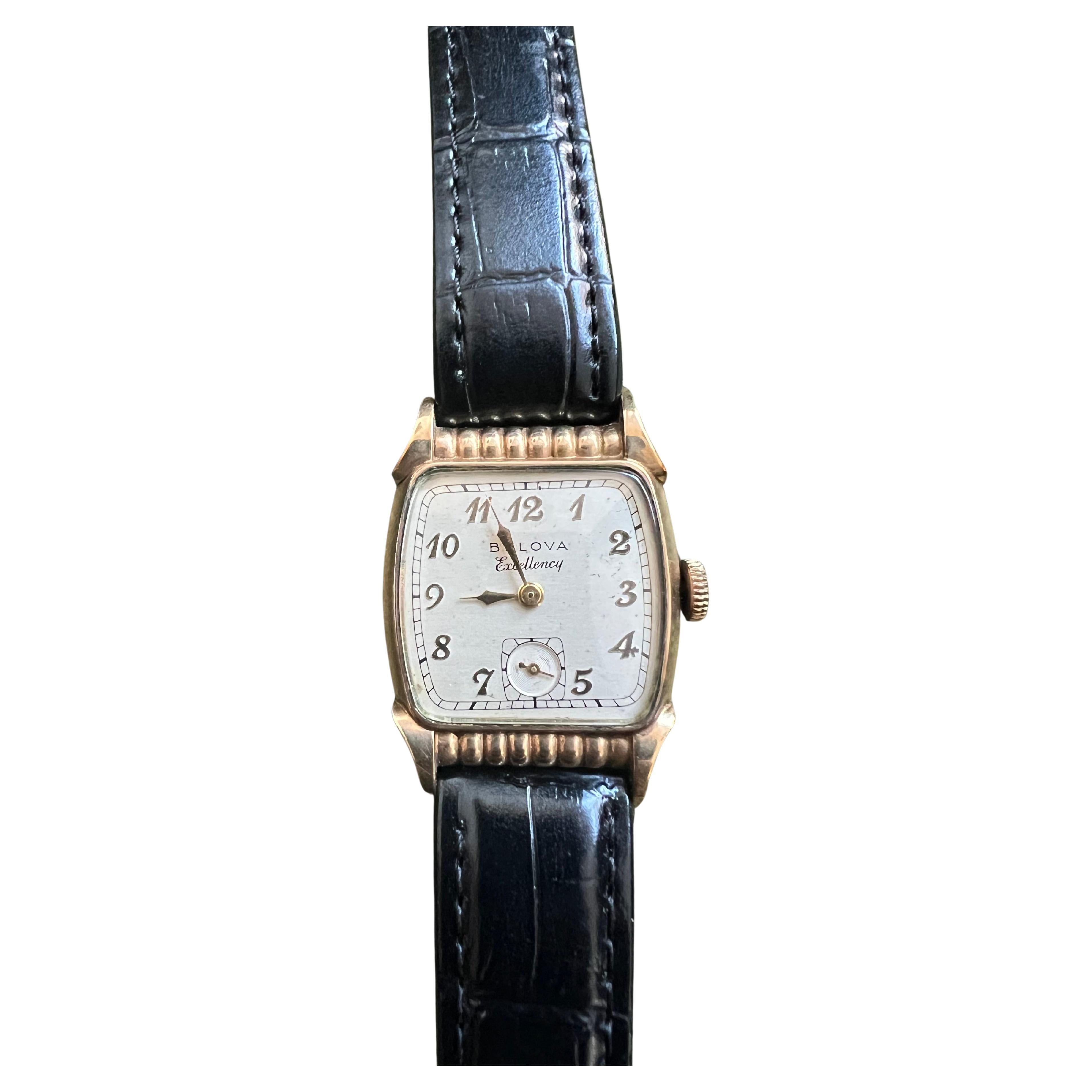 Bulova Excellency 2 dial Watch In 10k Gold With New Lather Strap Circa 1940s