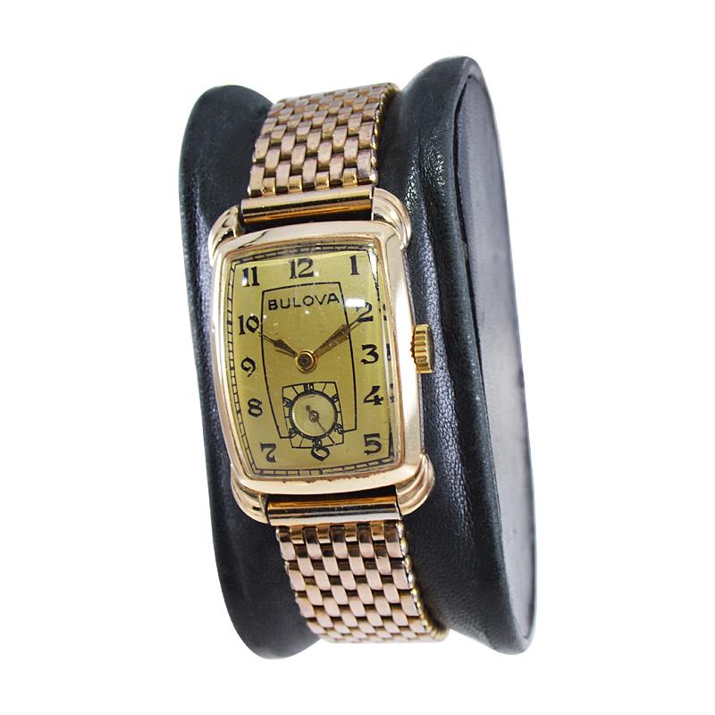 Bulova Gold Filled Art Deco Watch with Original Bracelet, Circa 1940's In Excellent Condition In Long Beach, CA