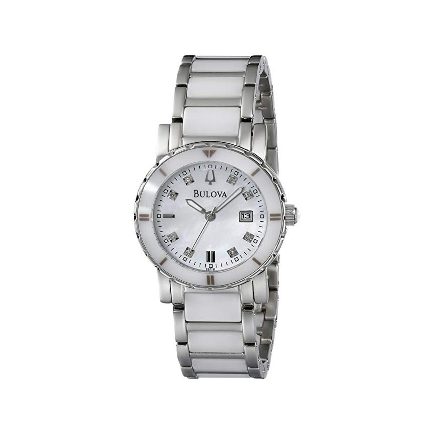 This New Without Tags Bulova   98P121 is a beautiful Ladies timepiece that is powered by a quartz movement which is cased in a stainless steel case. It has a round shape face, date dial and has hand diamonds style markers. The case size is 30mm. It