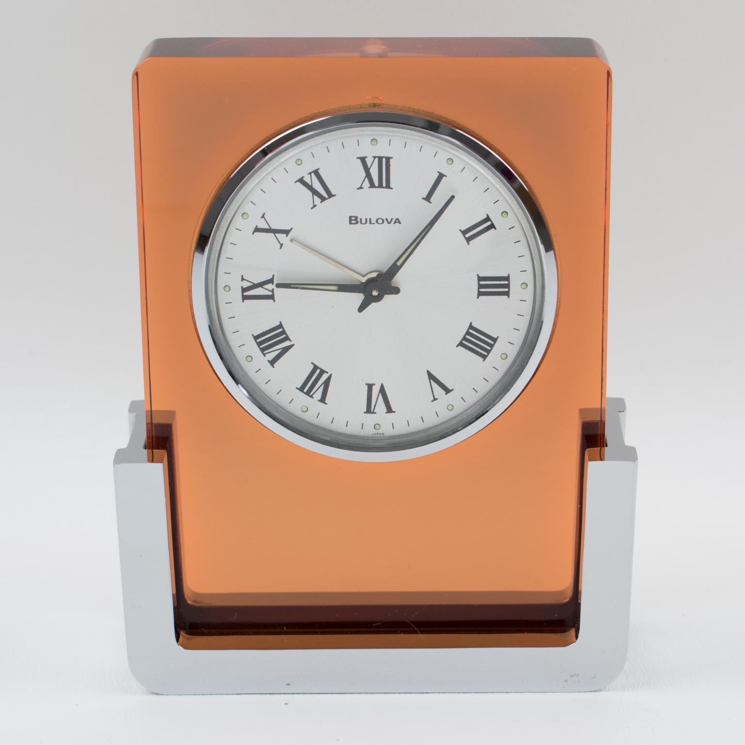 Bulova Japan Wind Up Alarm Table Clock Copper Lucite Chrome 1