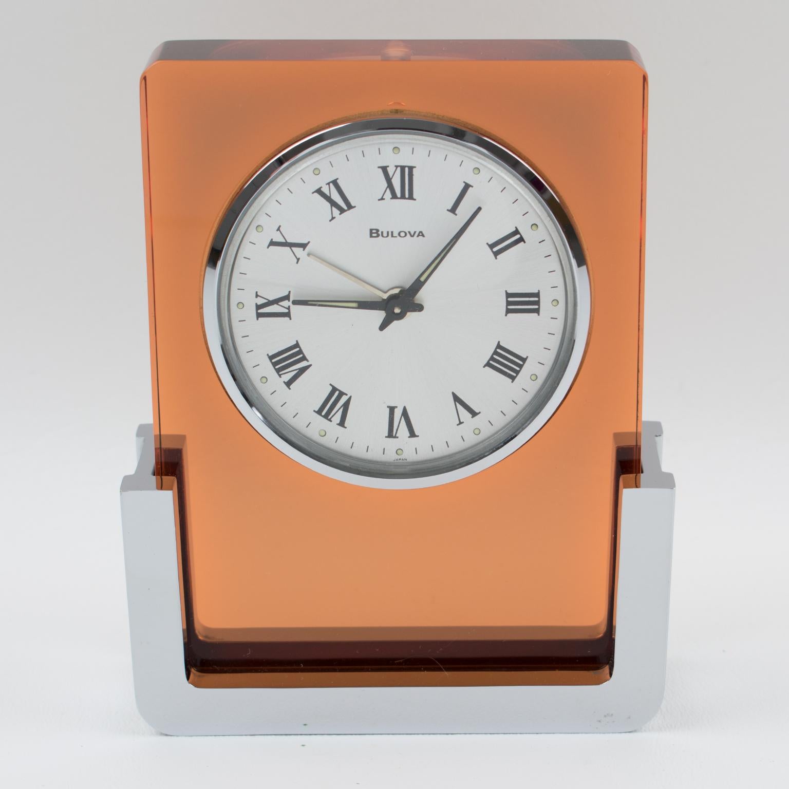 Bulova Japan Wind Up Alarm Table Clock Copper Lucite Chrome 2