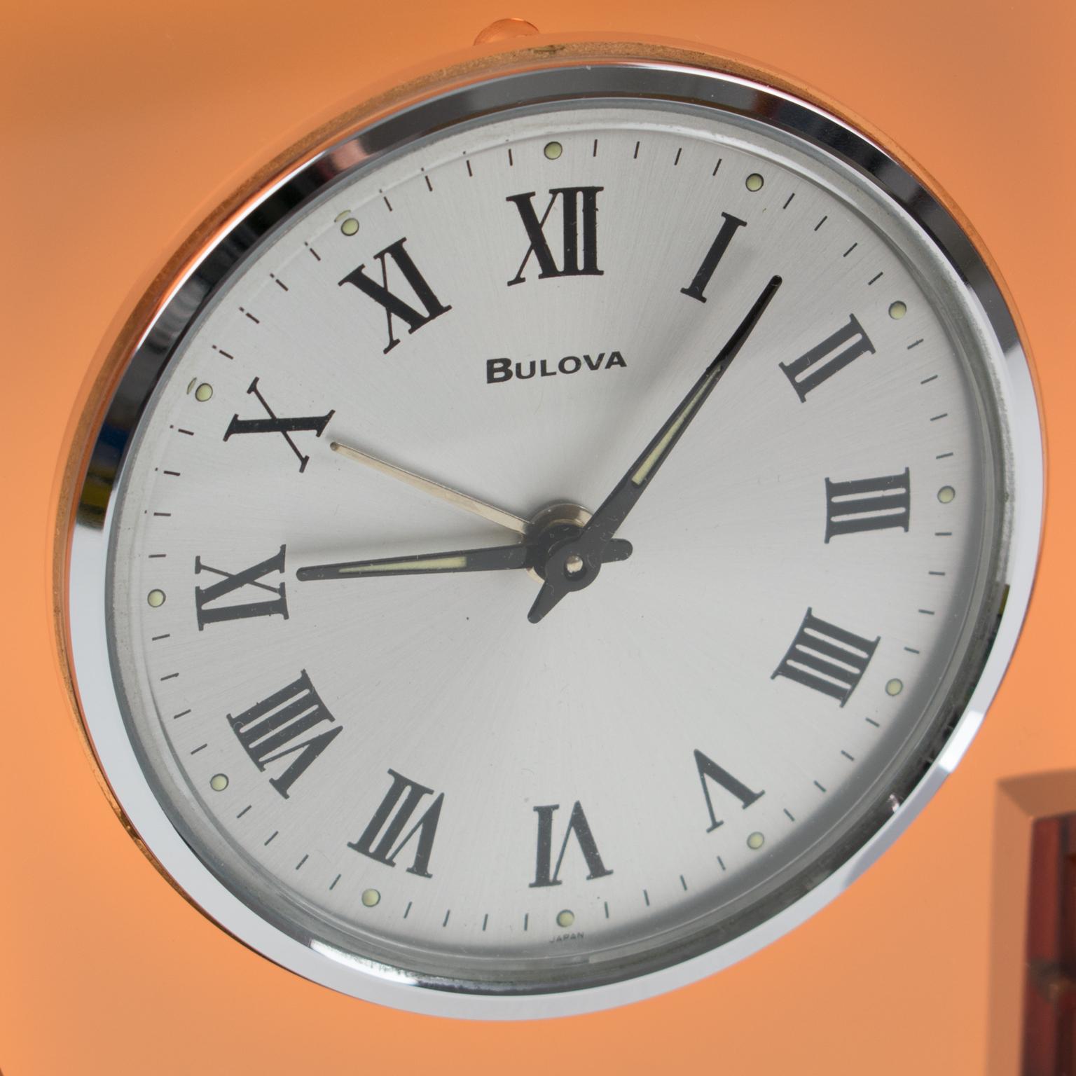 Japanese Bulova Japan Wind Up Alarm Table Clock Copper Lucite Chrome