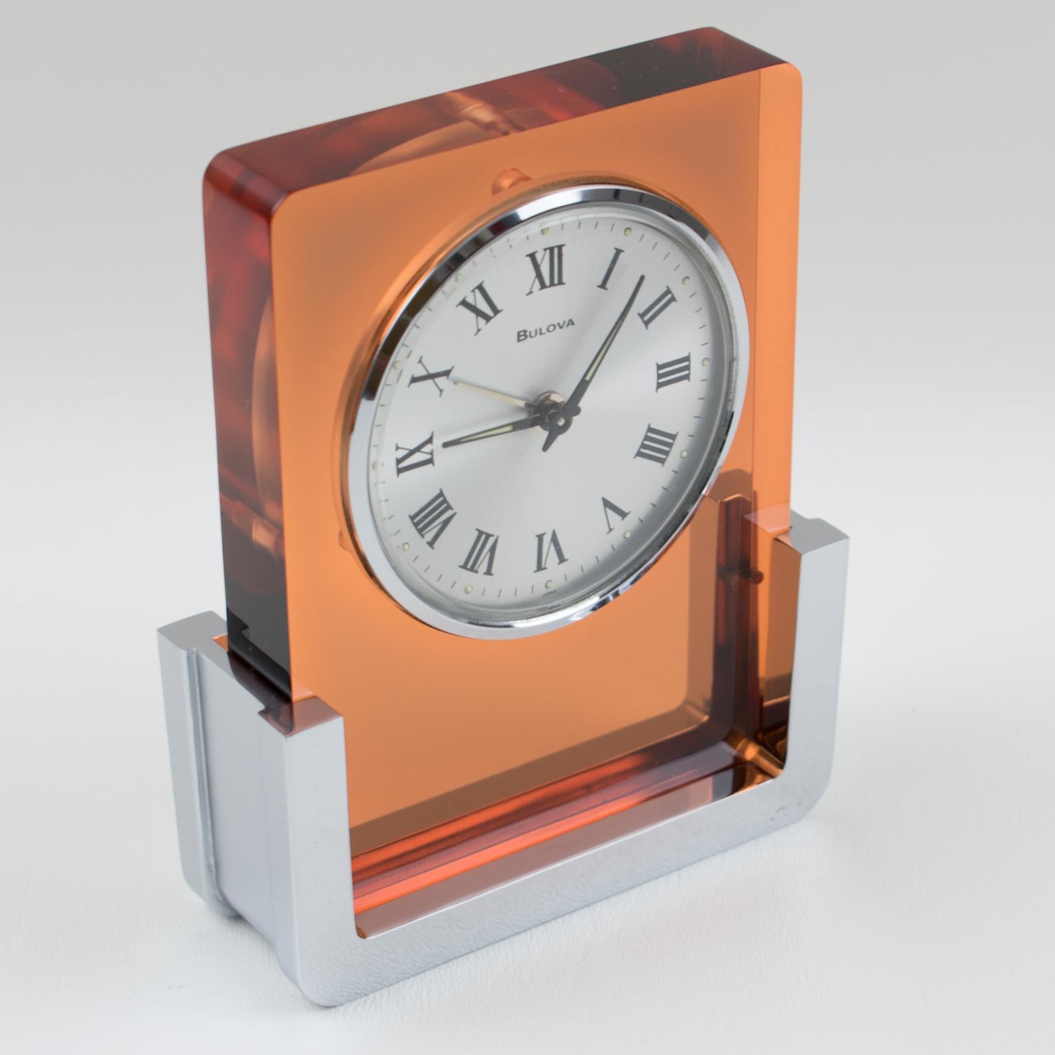 Late 20th Century Bulova Japan Wind Up Alarm Table Clock Copper Lucite Chrome