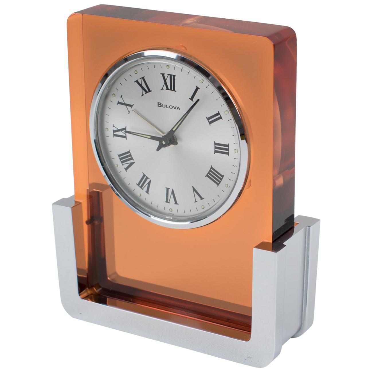Bulova Japan Wind Up Alarm Table Clock Copper Lucite Chrome