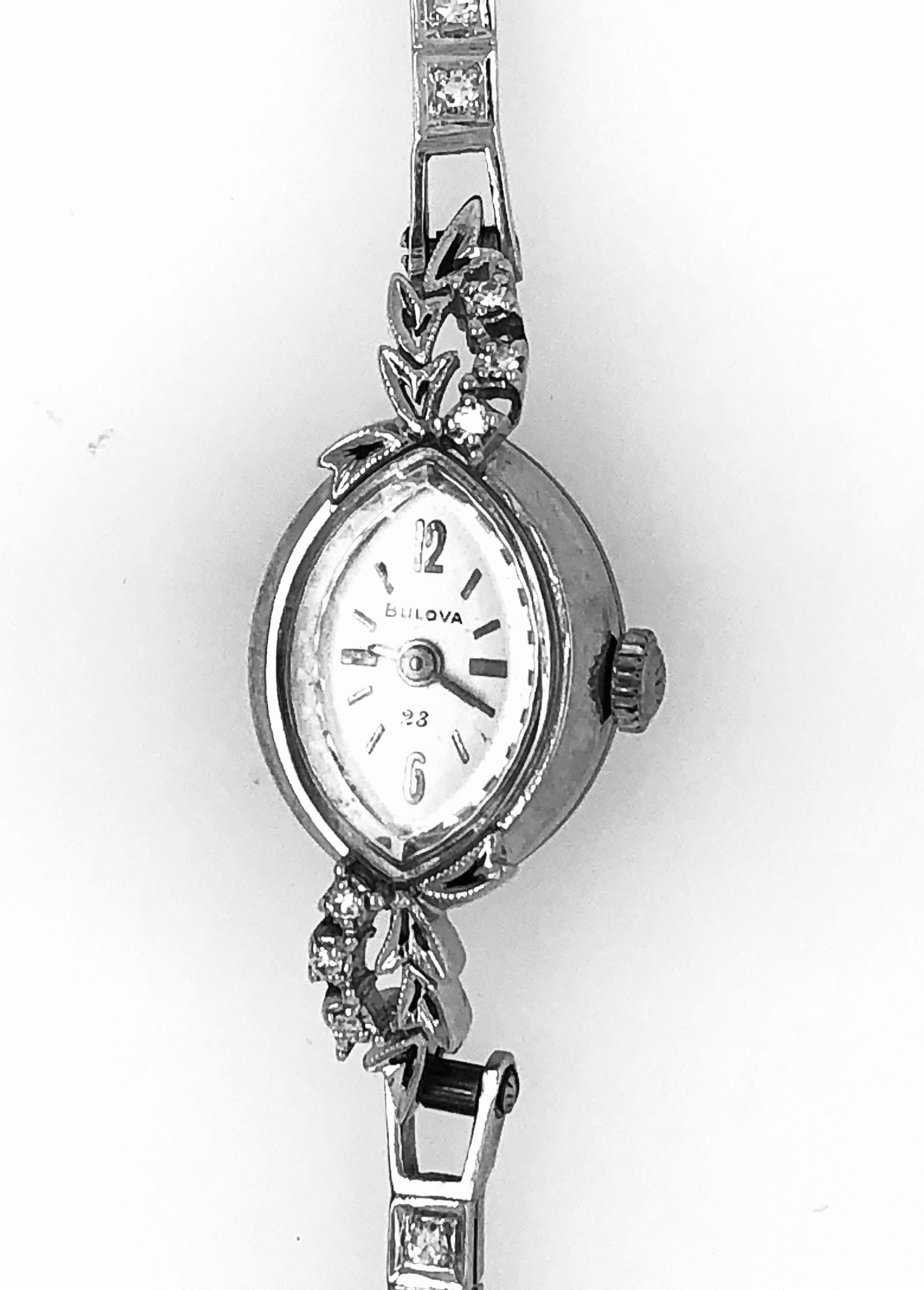 Bulova Ladies Wristwatch Art Deco Style with Diamonds In Good Condition For Sale In Stamford, CT