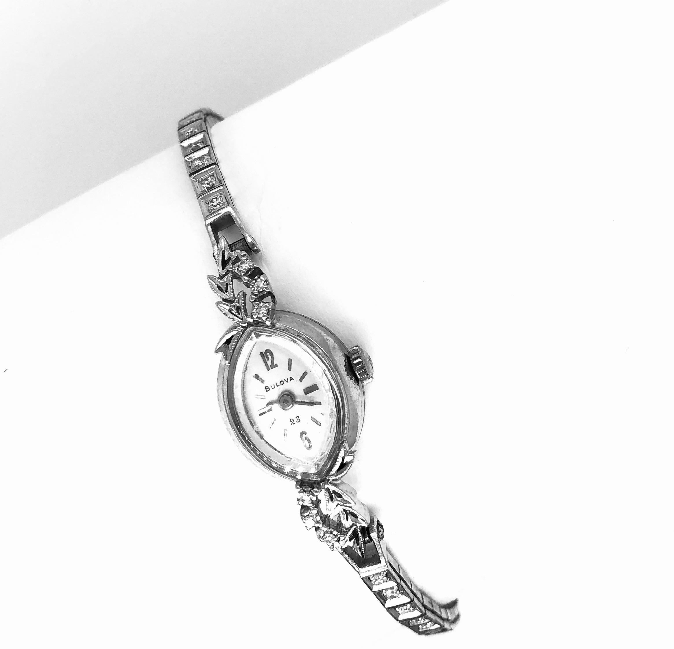 Women's or Men's Bulova Ladies Wristwatch Art Deco Style with Diamonds For Sale