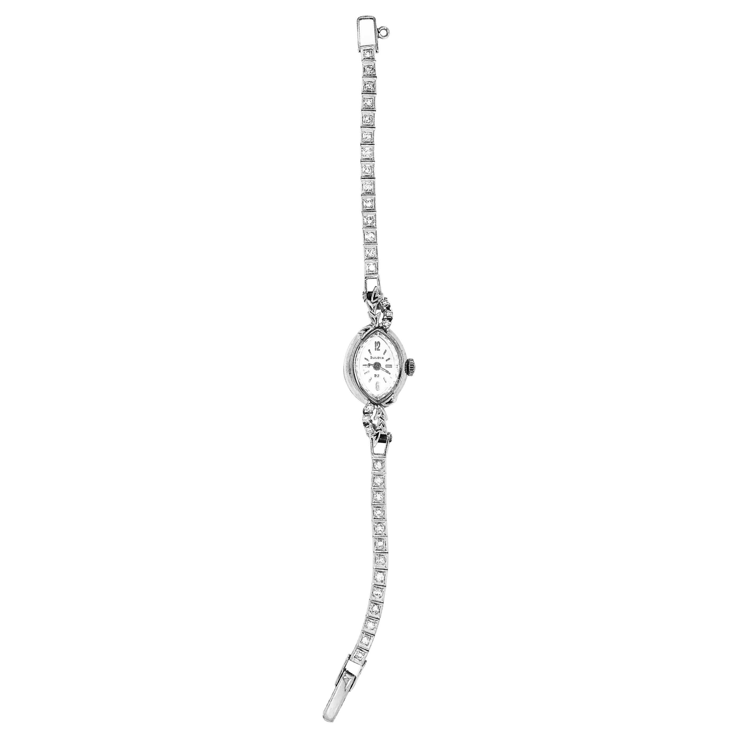 Bulova Ladies Wristwatch Art Deco Style with Diamonds For Sale
